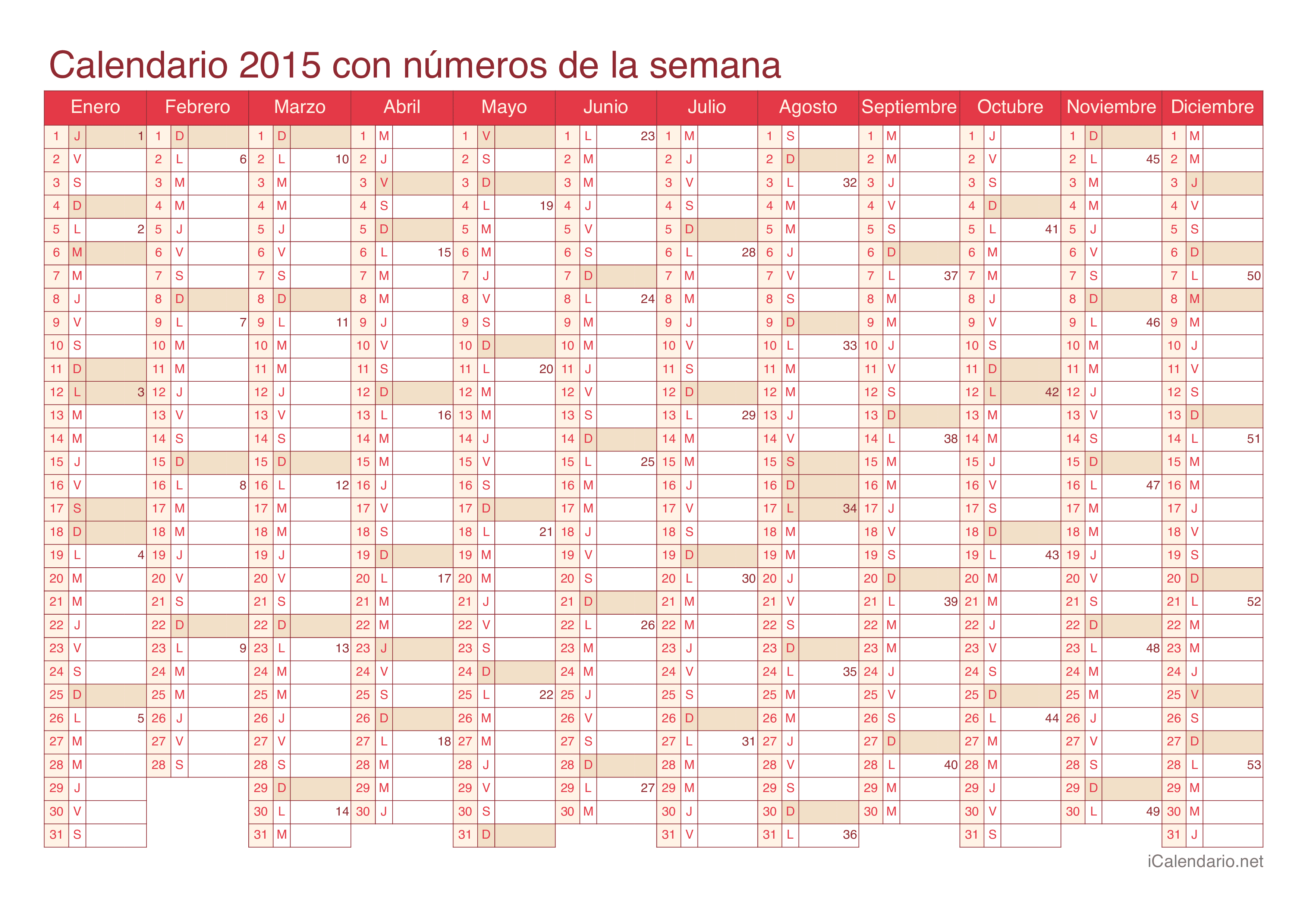 Calendario 2015 con números de semana - Cherry