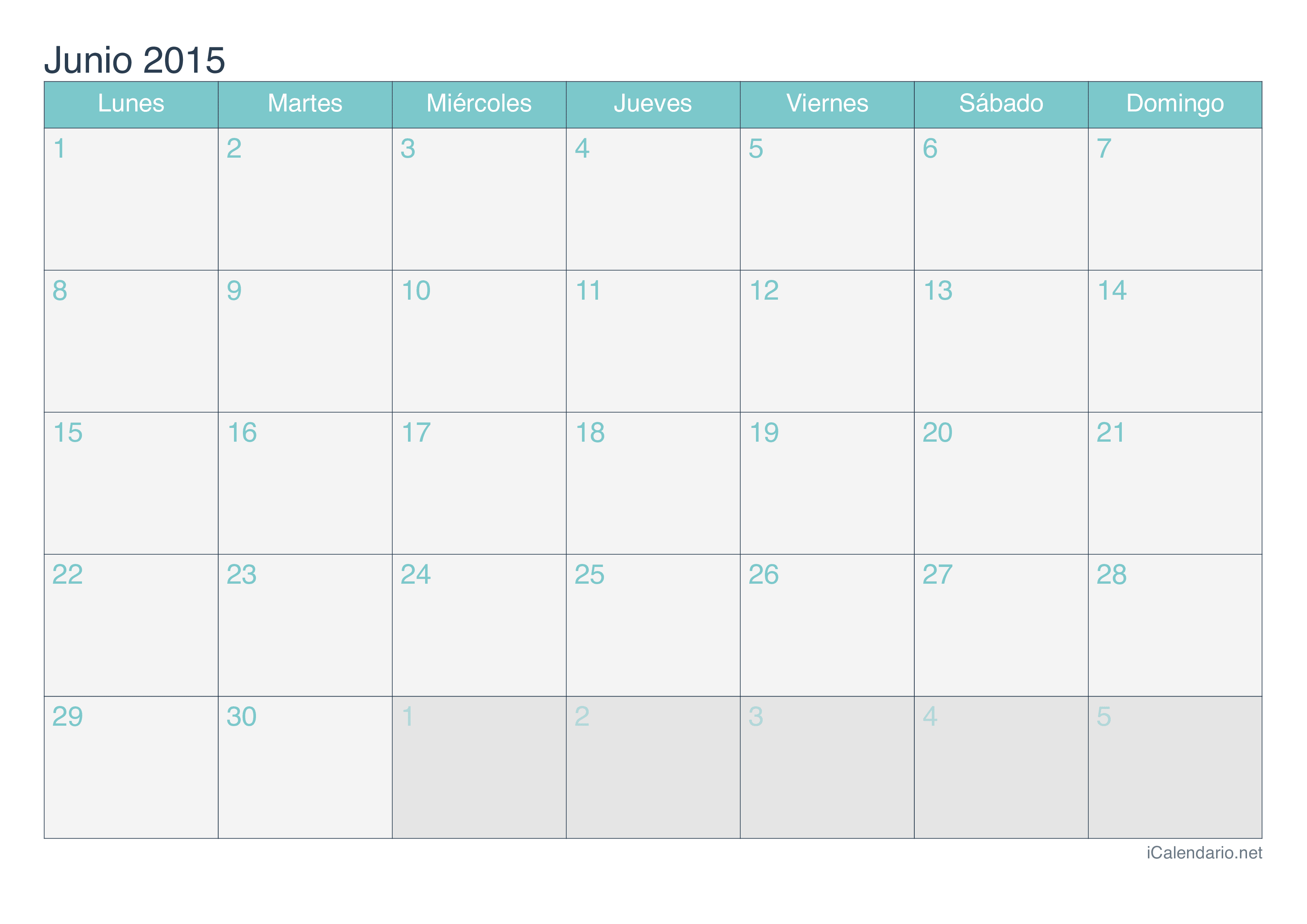 Calendario de junio 2015 - Turquesa