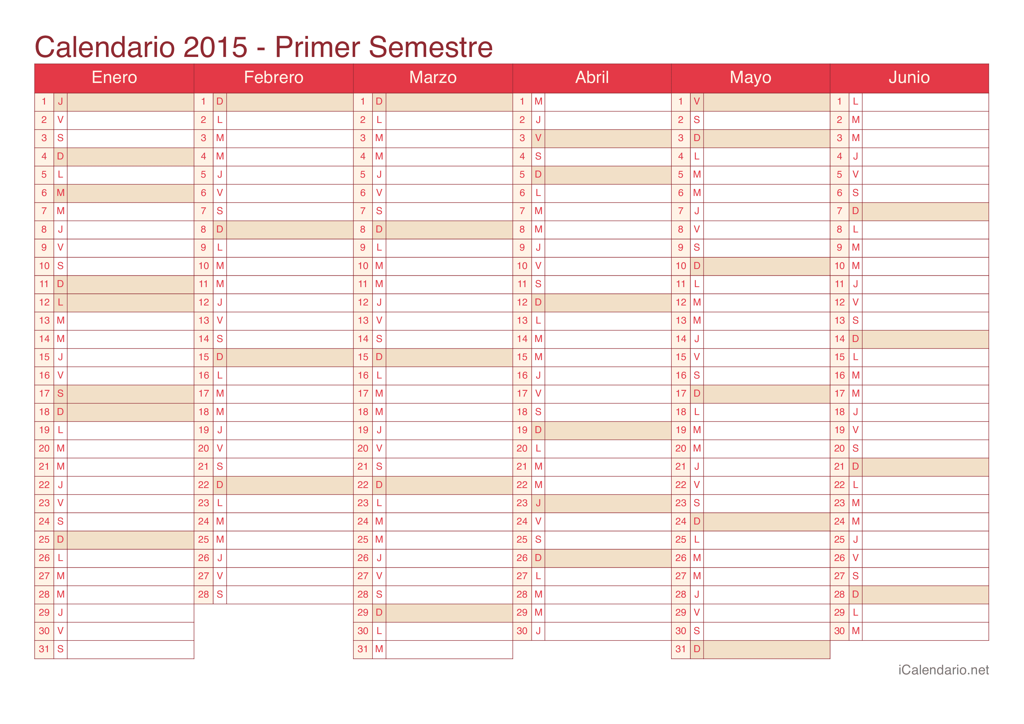 Calendario por semestre 2015 - Cherry