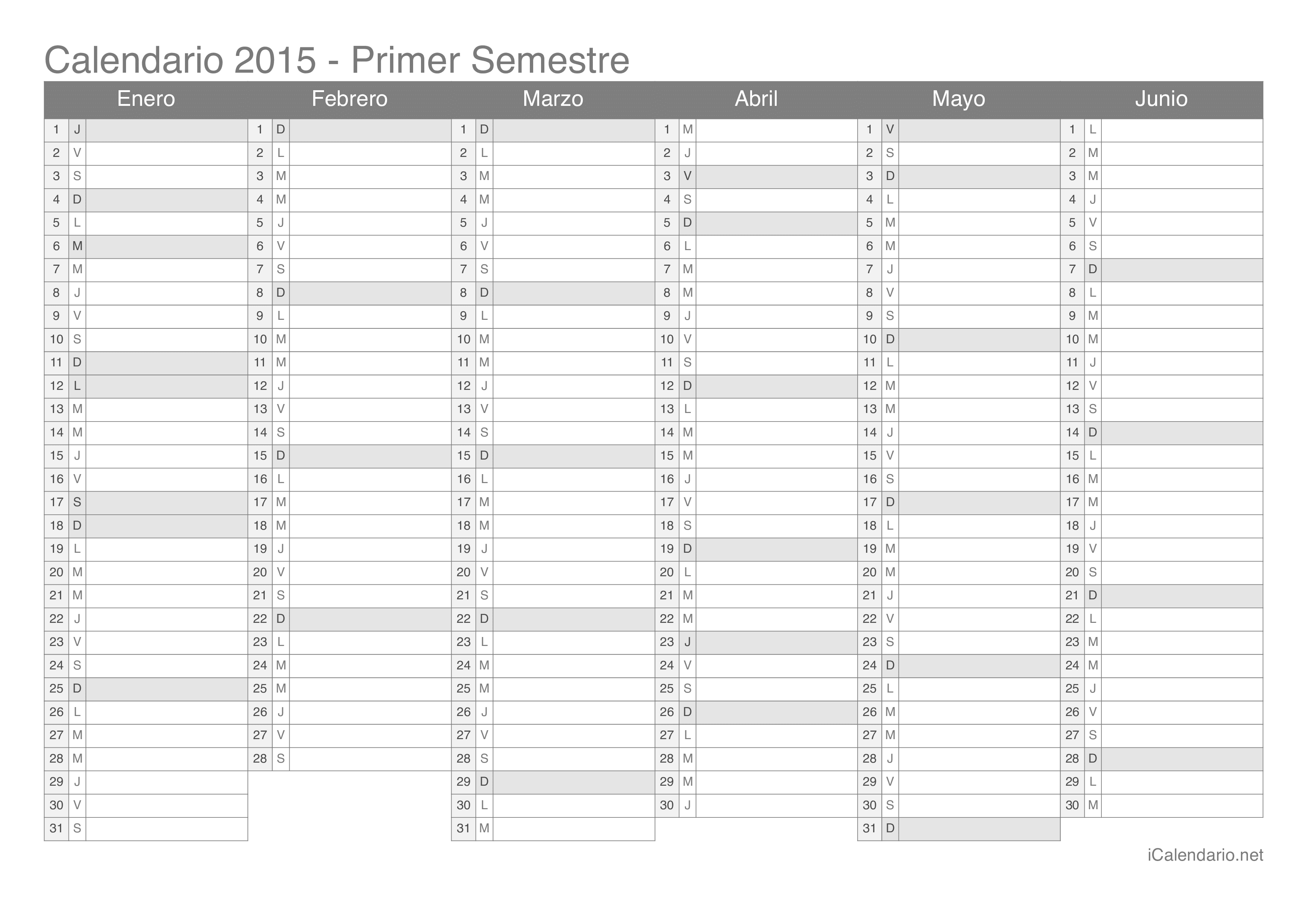 Calendario por semestre 2015