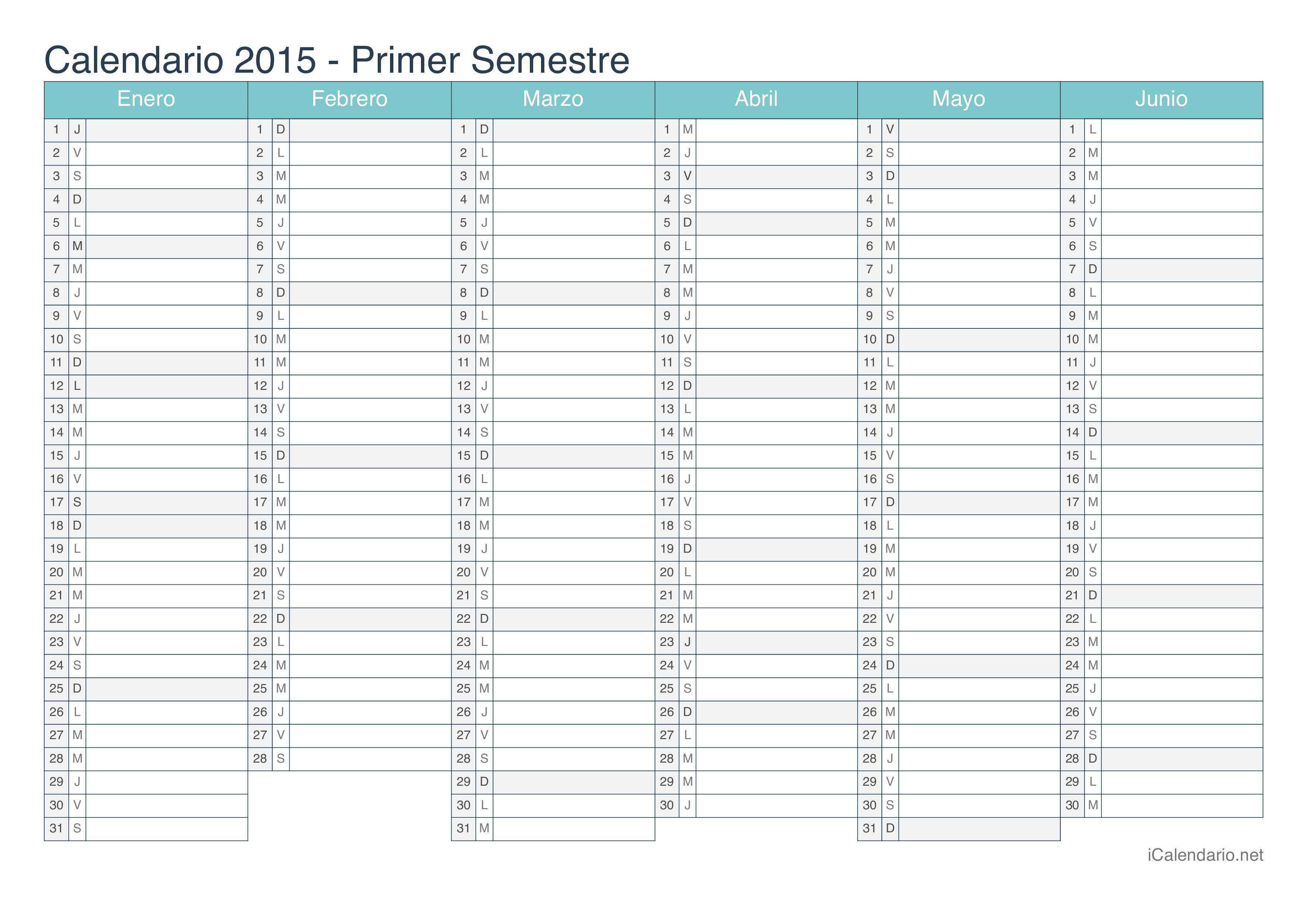 Calendario por semestre 2015 - Turquesa