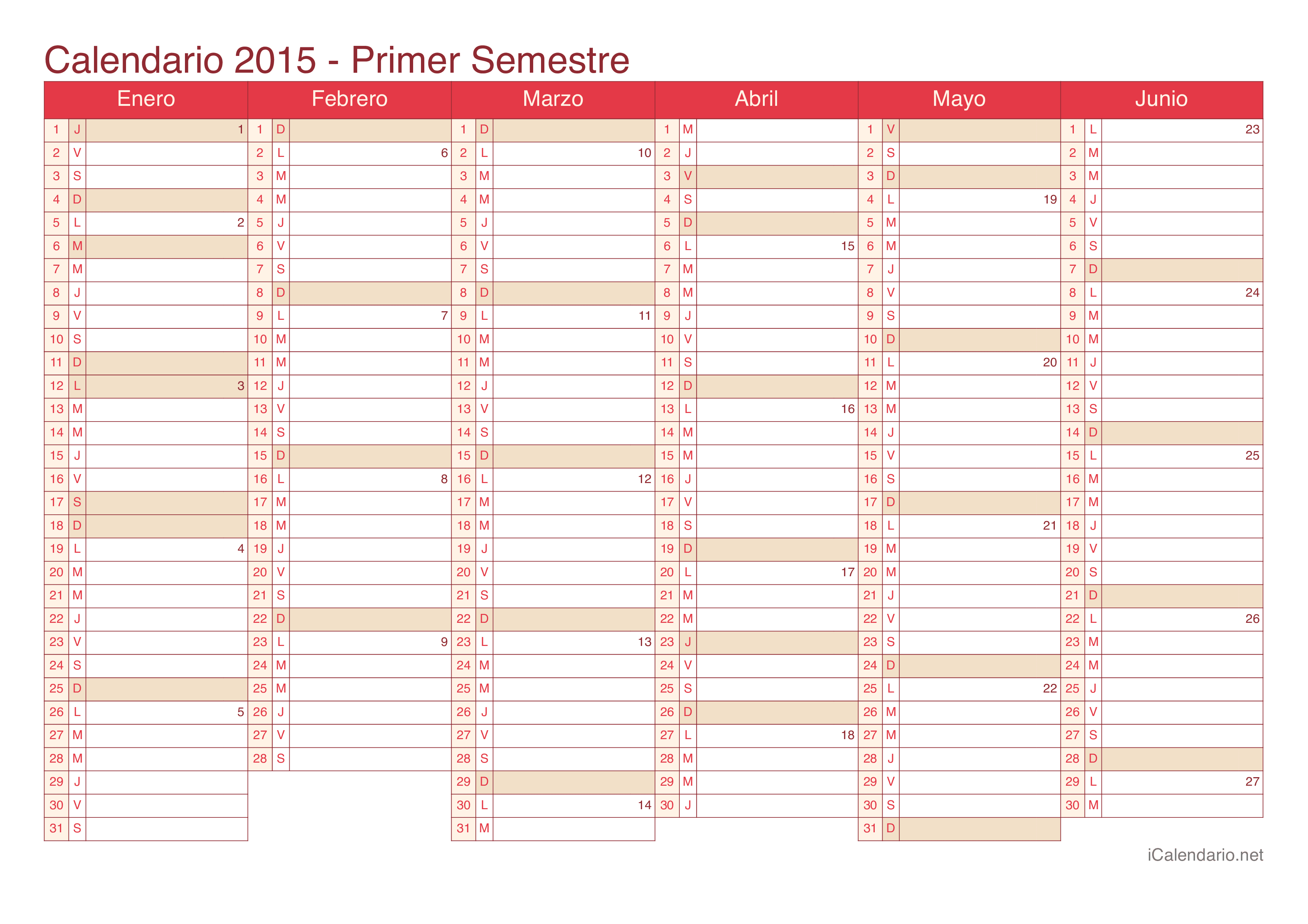 Calendario por semestre com números da semana 2015 - Cherry