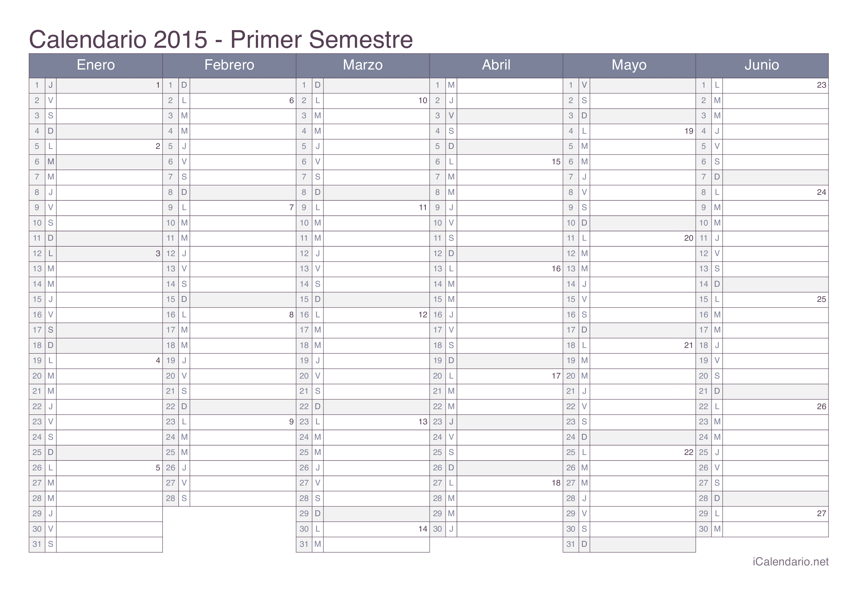 Calendario por semestre com números da semana 2015 - Office