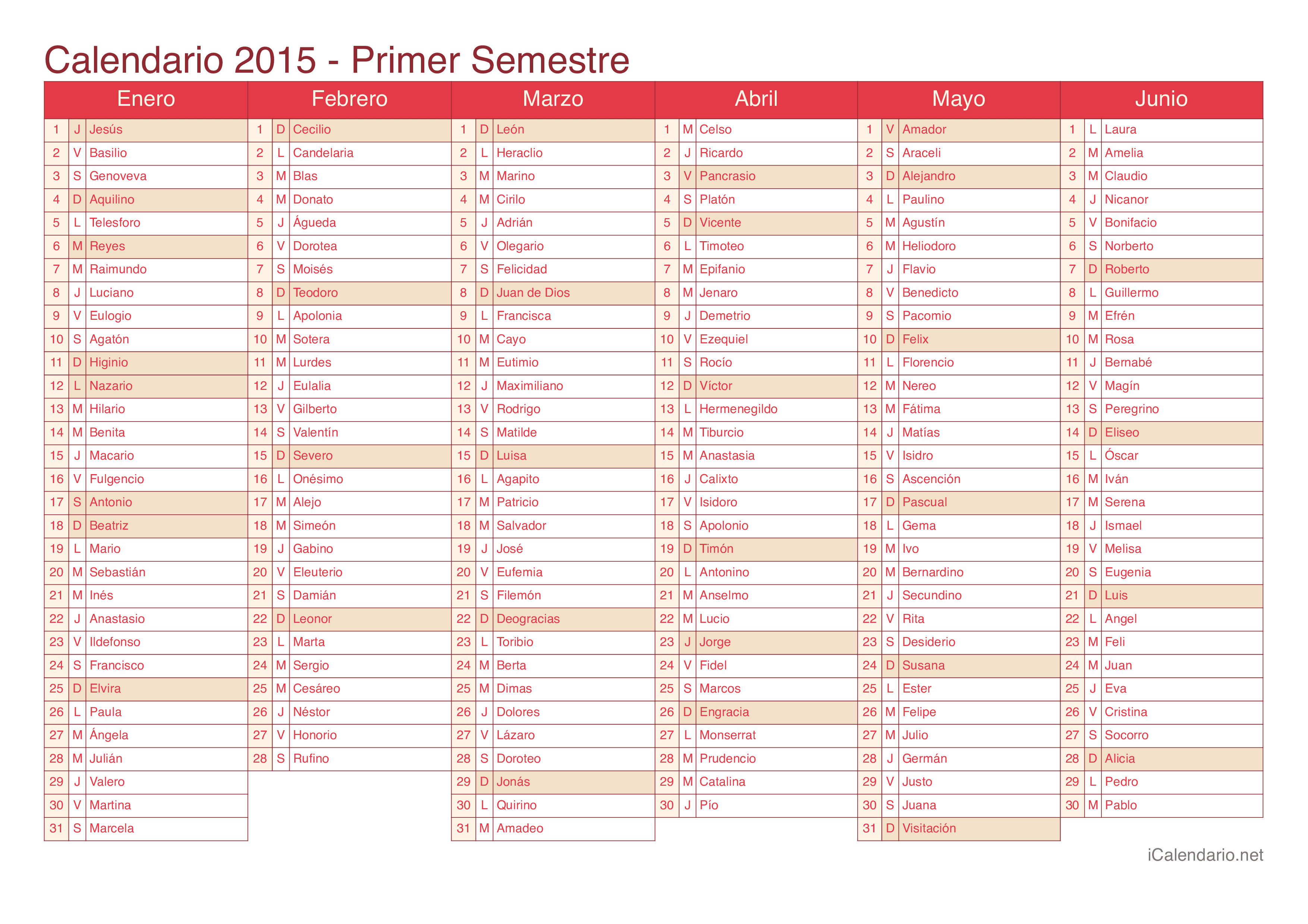 Calendario por semestre 2015 com festa do dia - Cherry