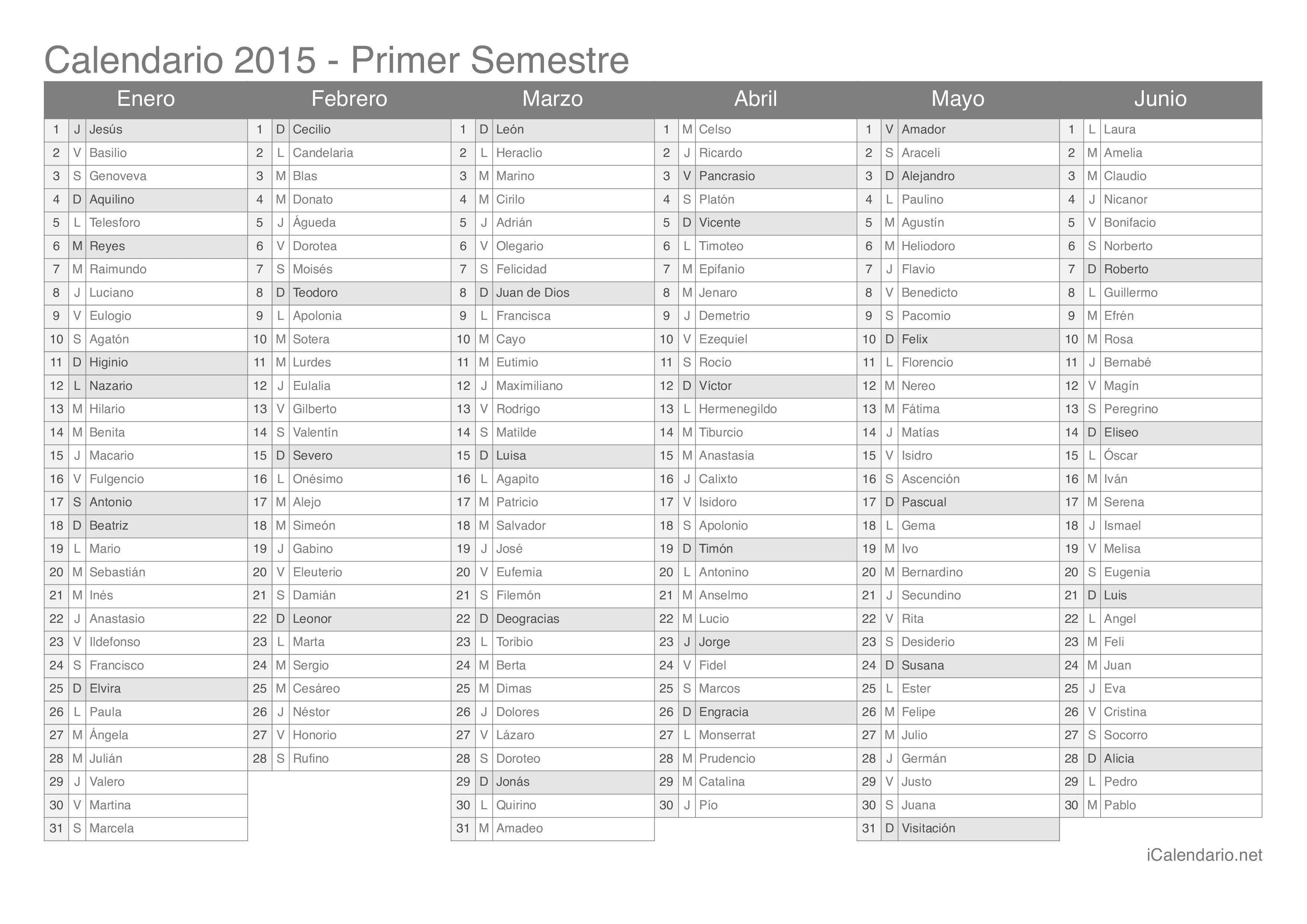 Calendario por semestre 2015 com festa do dia