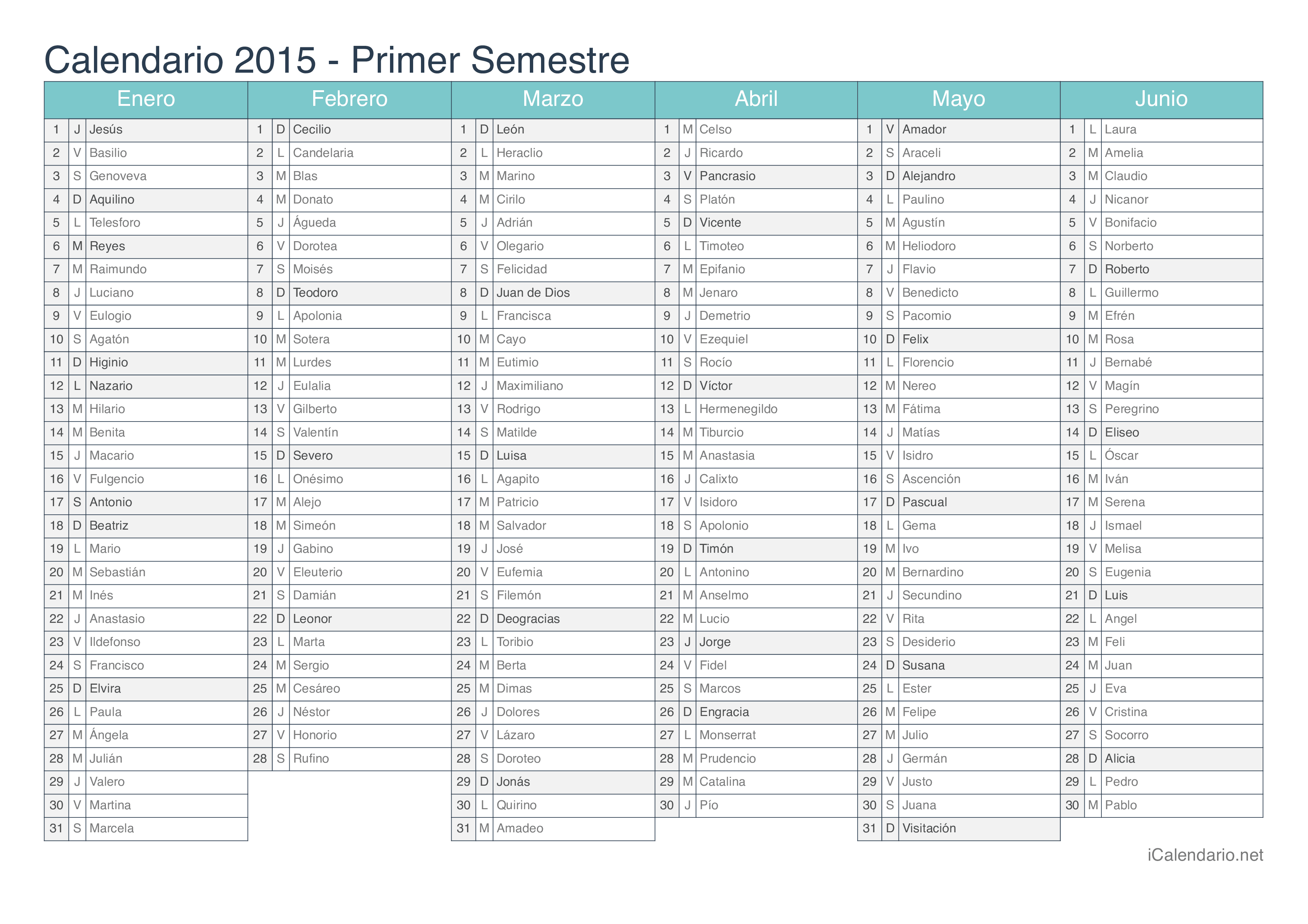 Calendario por semestre 2015 com festa do dia - Turquesa