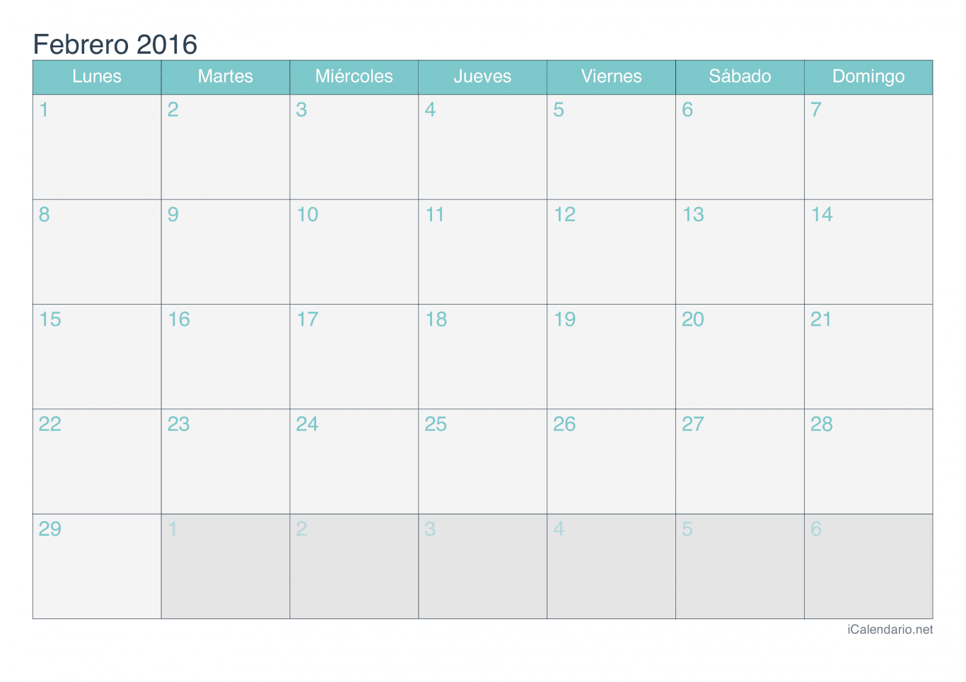 Calendario de febrero 2016 - Turquesa