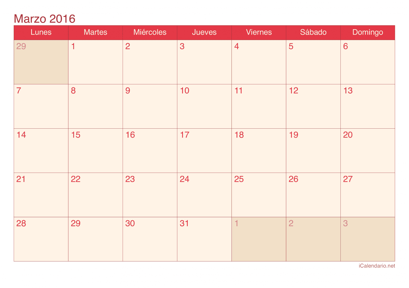 Calendario de marzo 2016 - Cherry