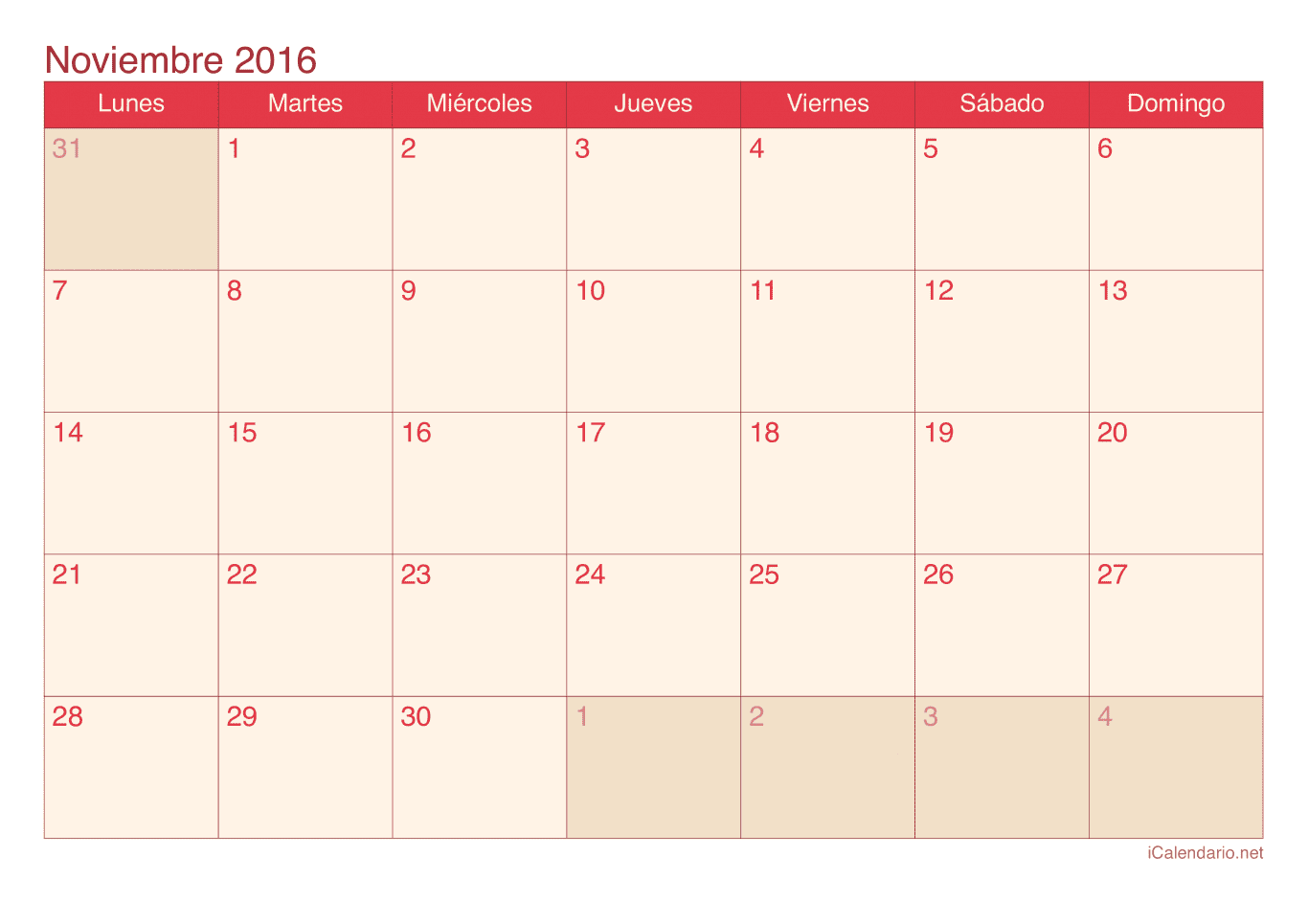 Calendario de noviembre 2016 - Cherry
