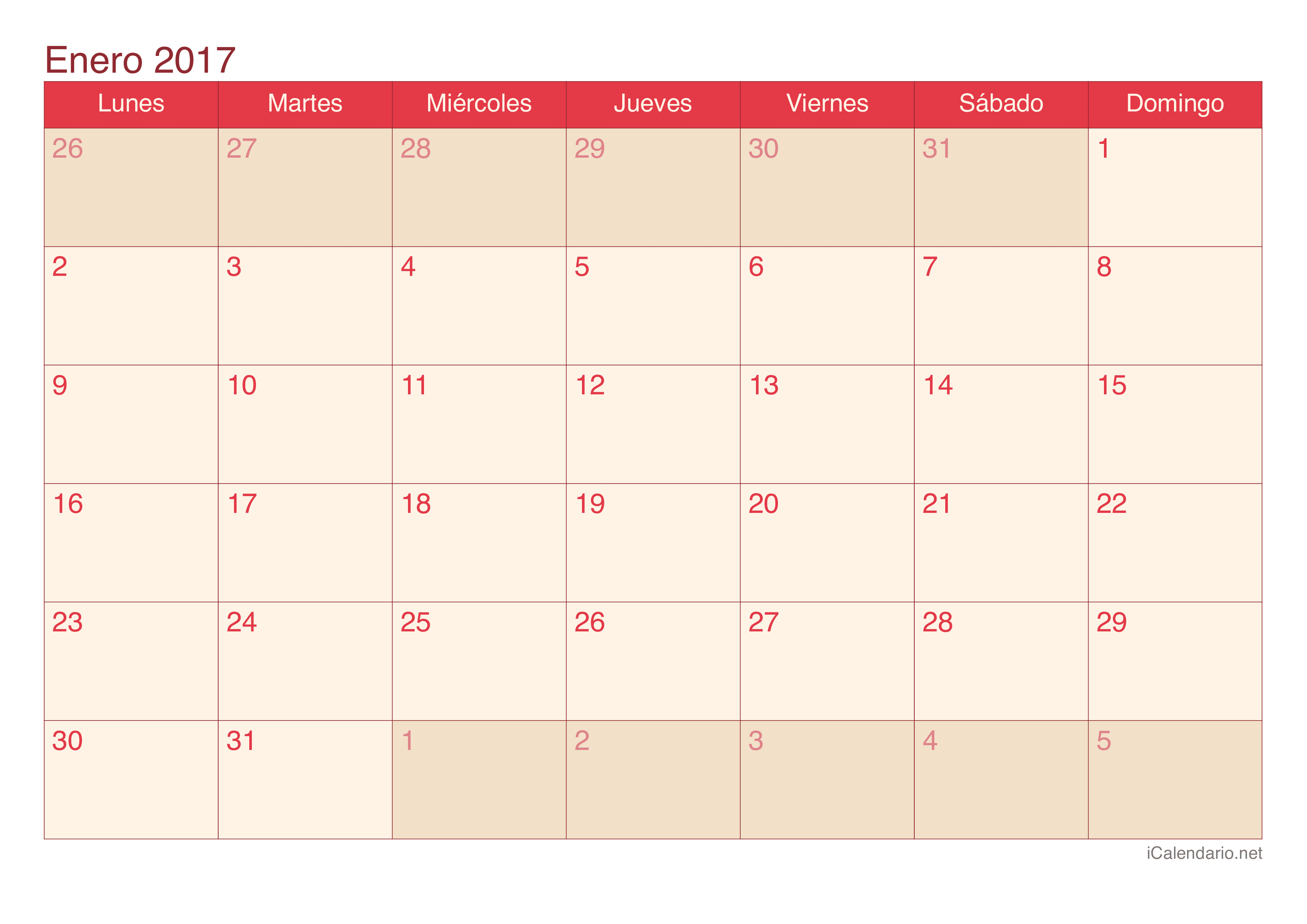 Calendario por mes 2017 - Cherry