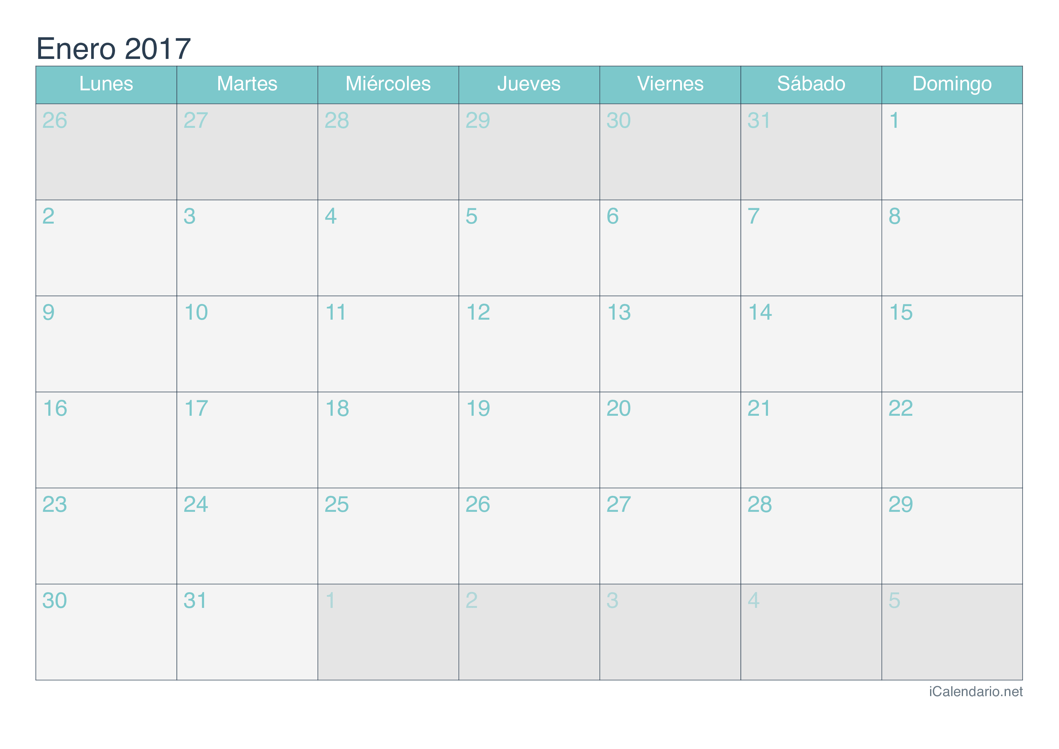 Calendario por mes 2017 - Turquesa