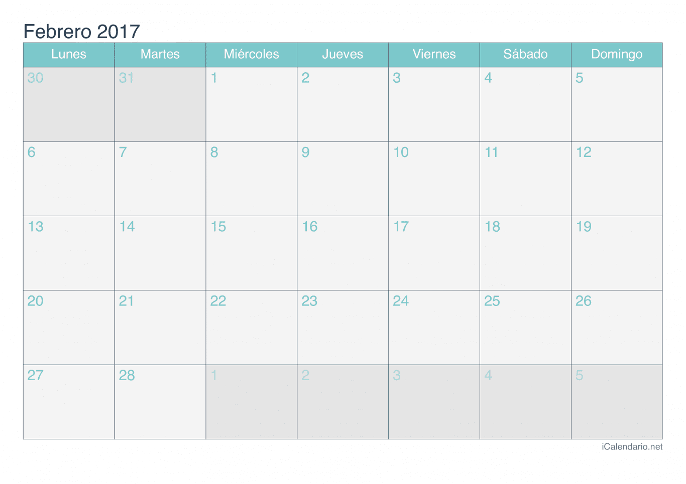 Calendario de febrero 2017 - Turquesa
