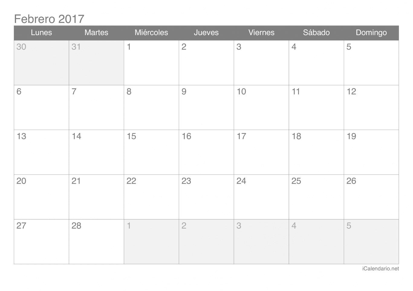 Calendario de febrero 2017