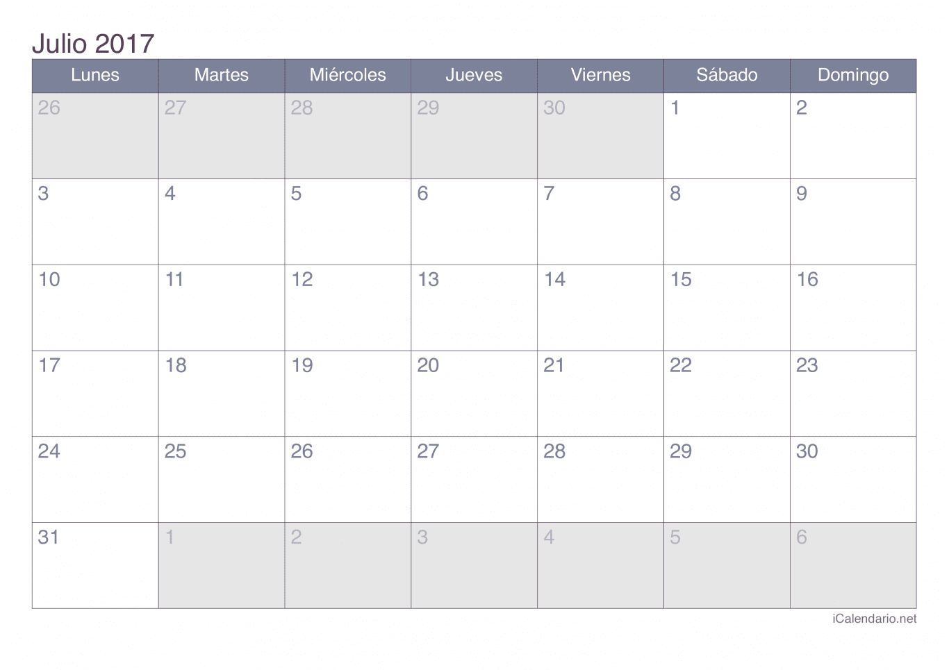 Calendario de julio 2017 - Office