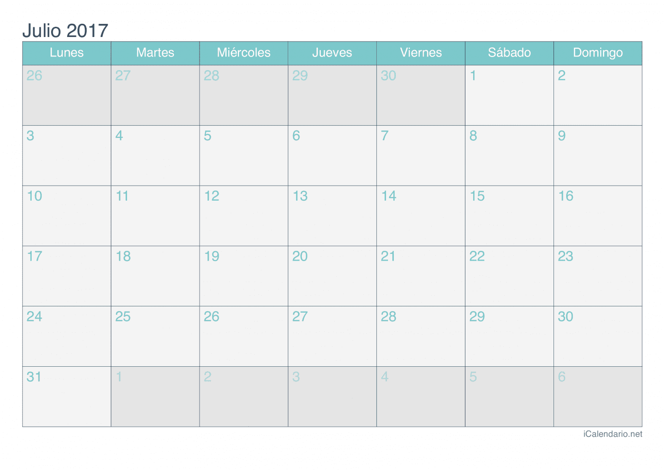 Calendario de julio 2017 - Turquesa