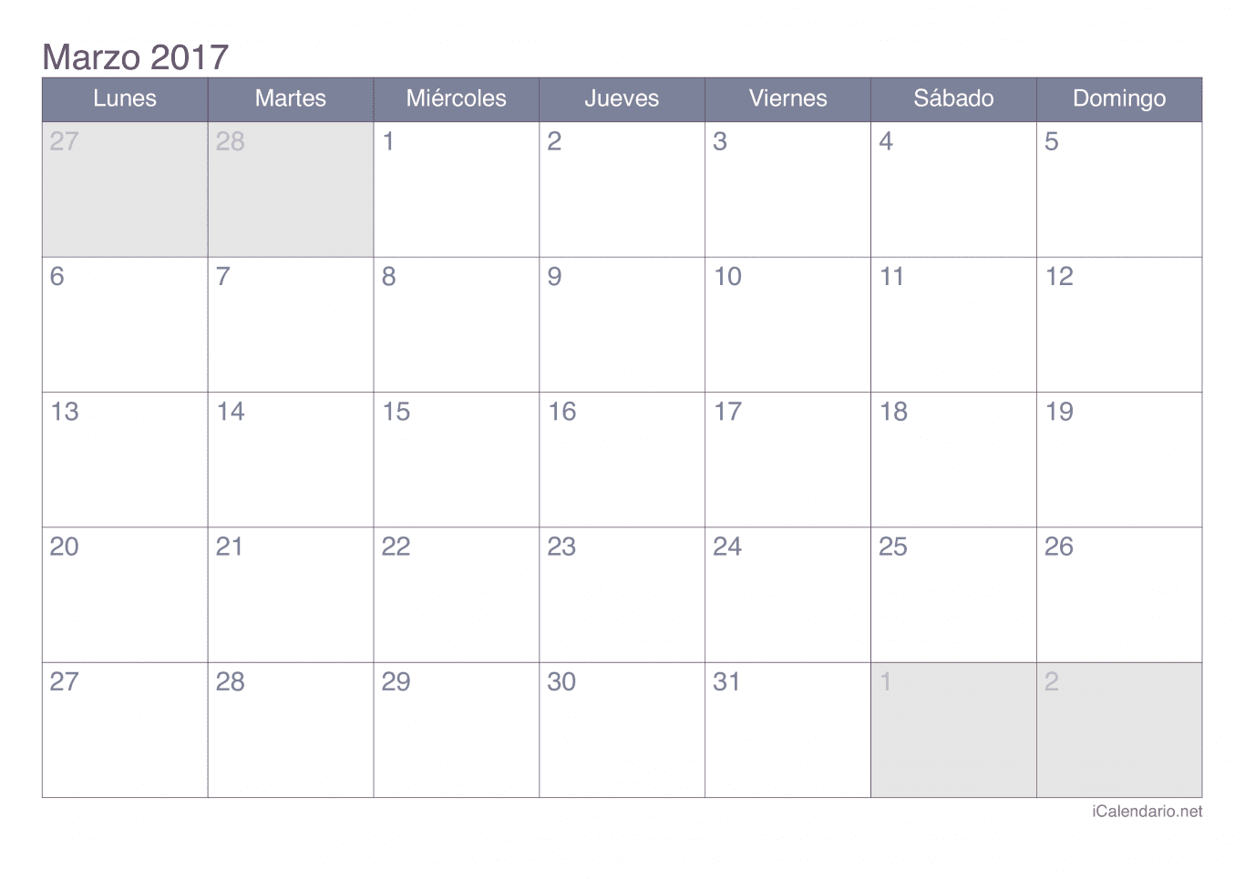 Calendario de marzo 2017 - Office
