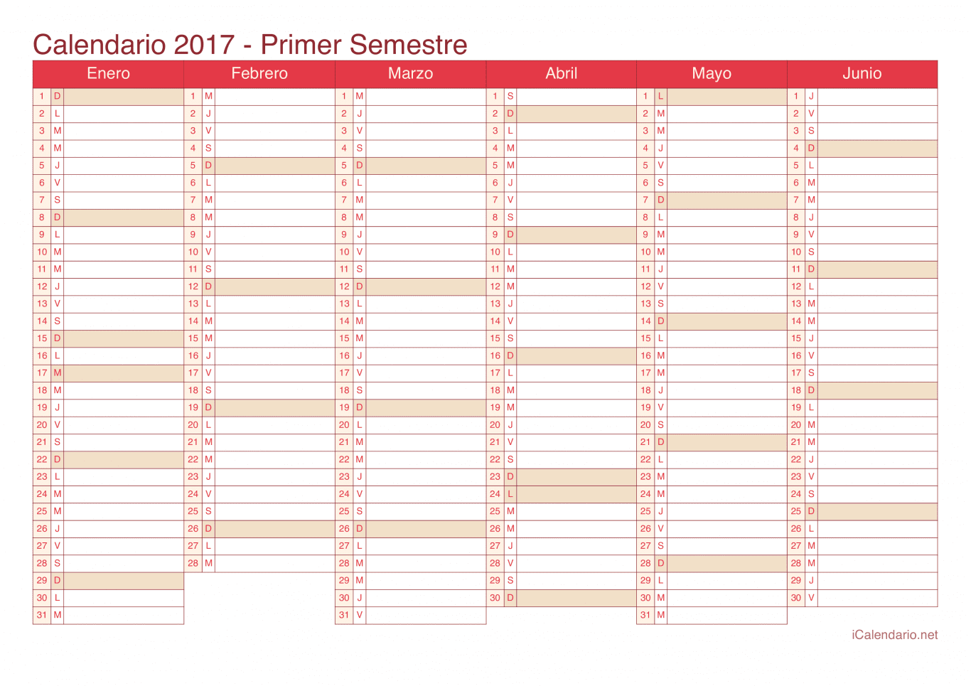 Calendario por semestre 2017 - Cherry