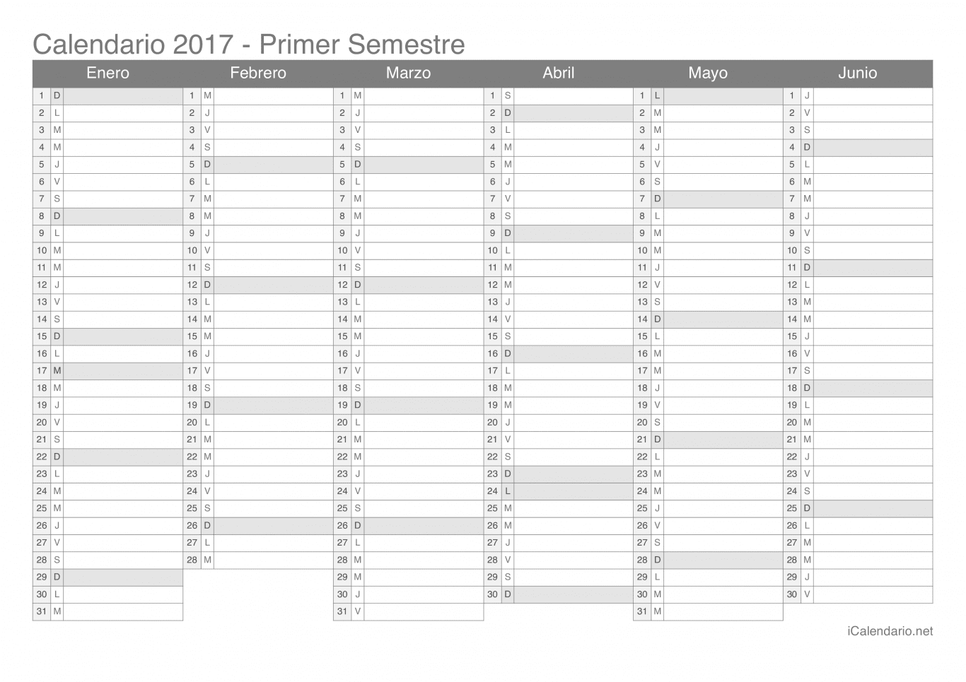 Calendario por semestre 2017
