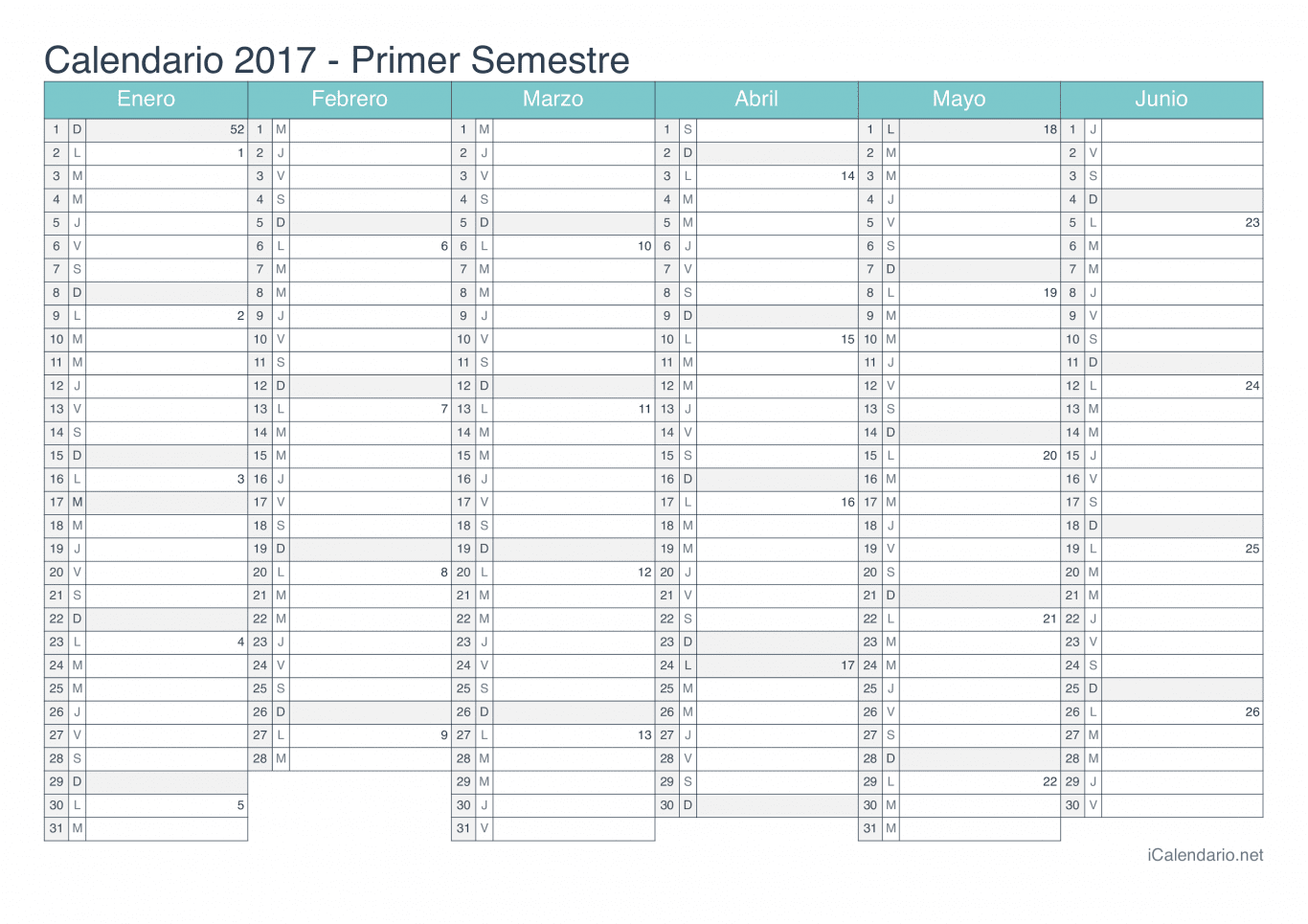 Calendario por semestre com números da semana 2017 - Turquesa