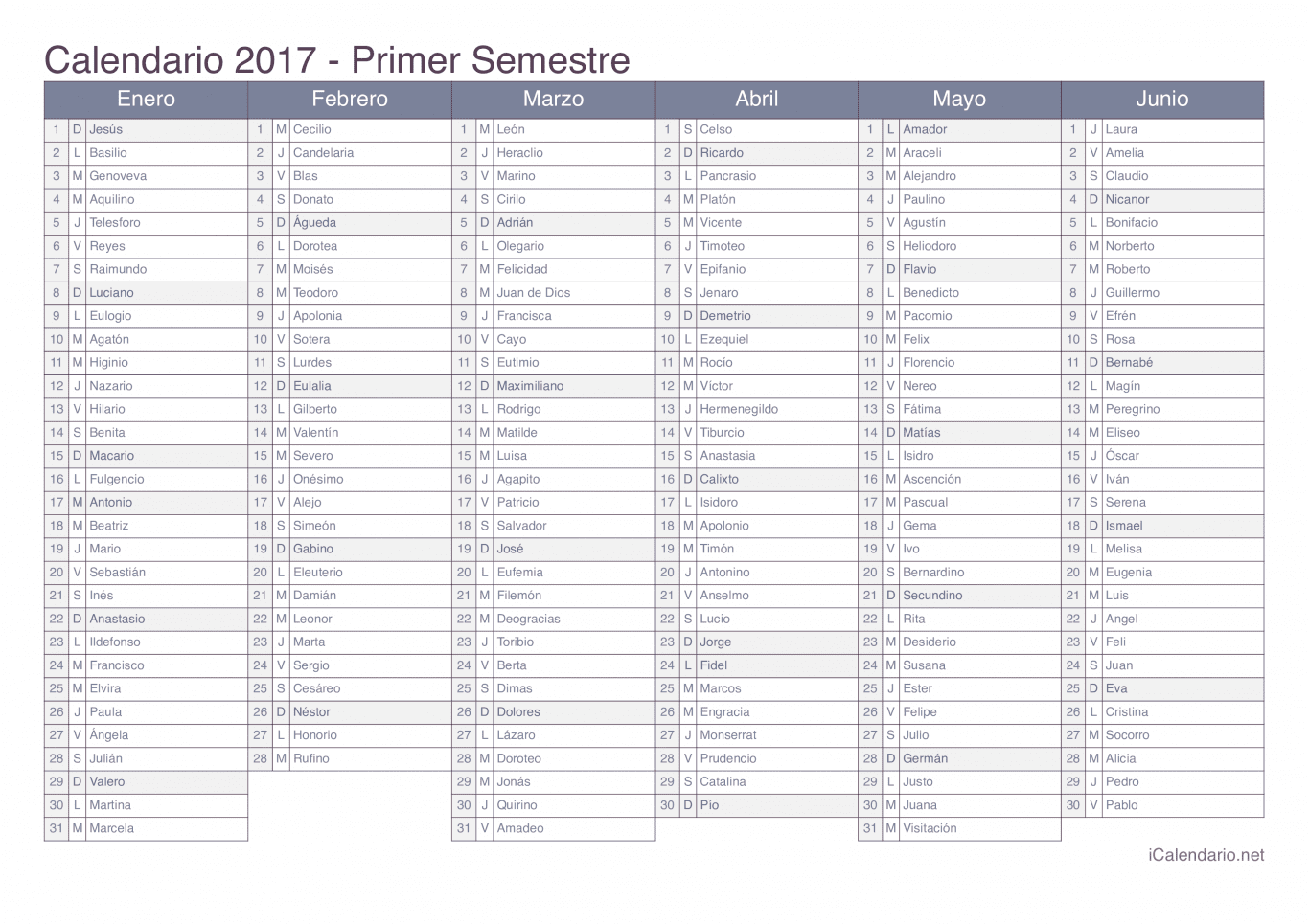 Calendario por semestre 2017 com festa do dia - Office