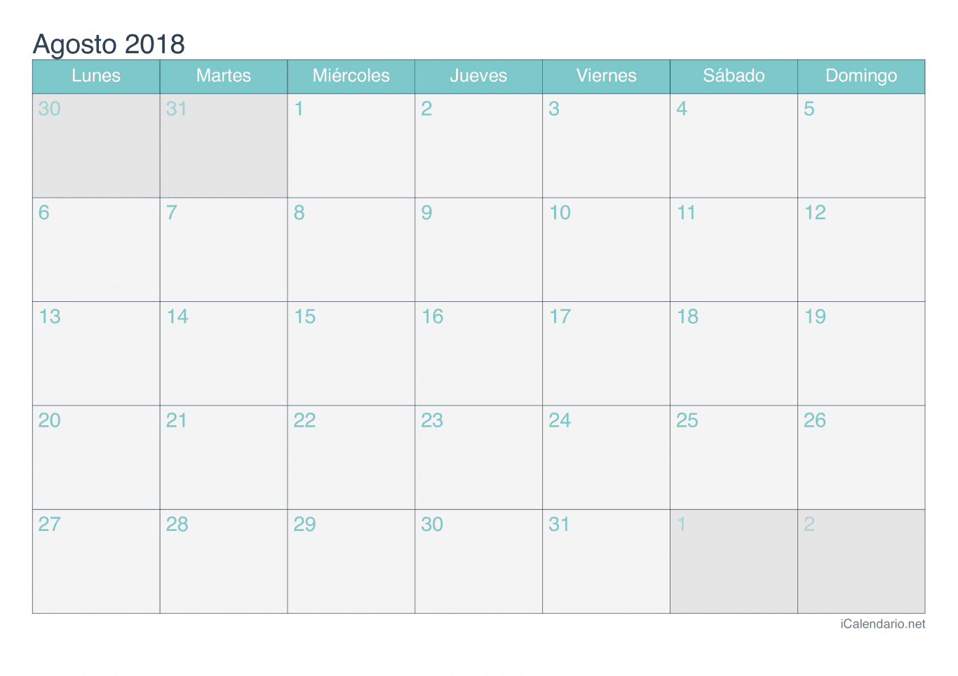 Calendario de agosto 2018 - Turquesa
