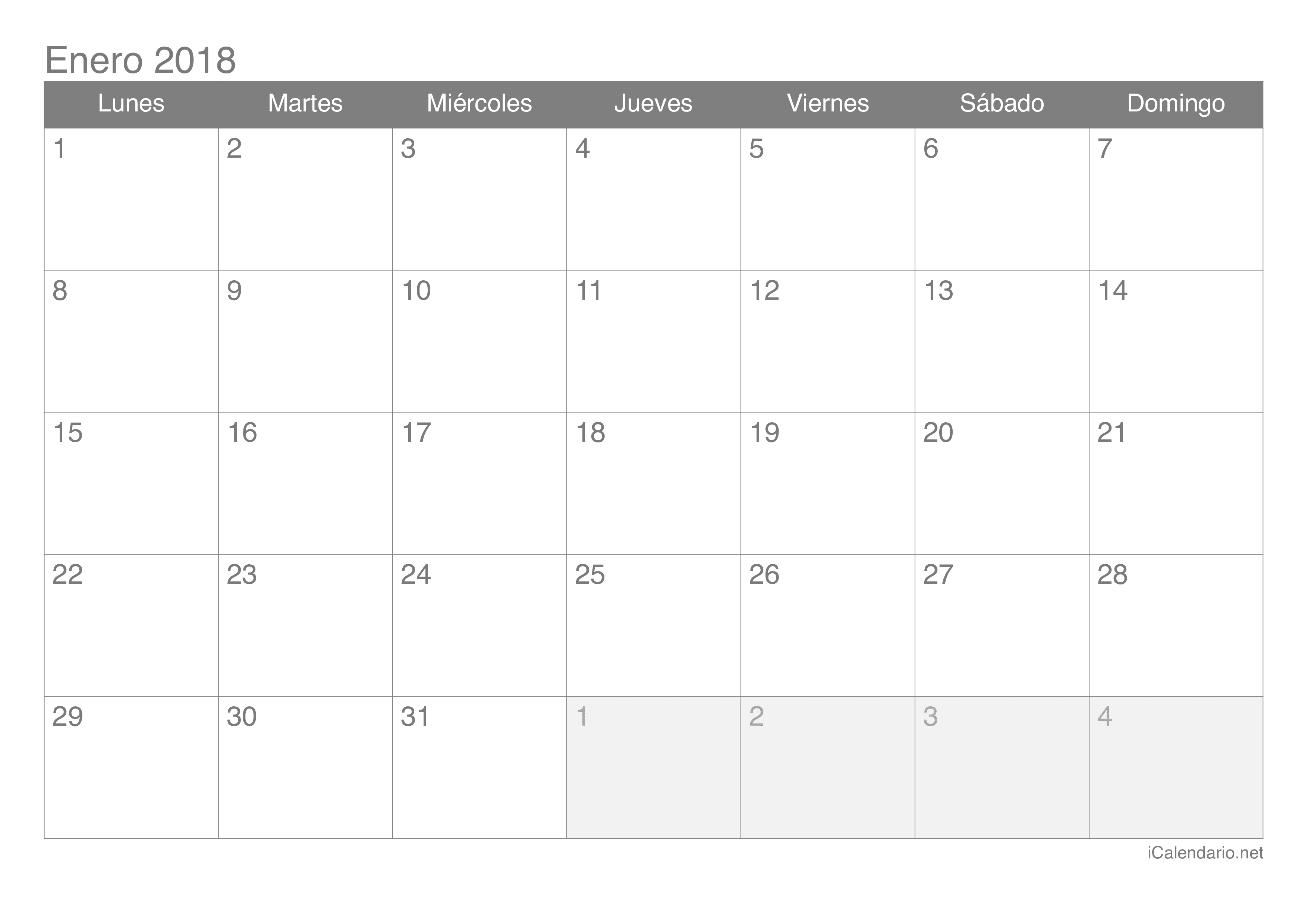 Calendario por mes 2018