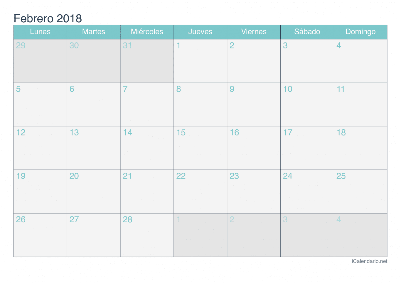 Calendario de febrero 2018 - Turquesa