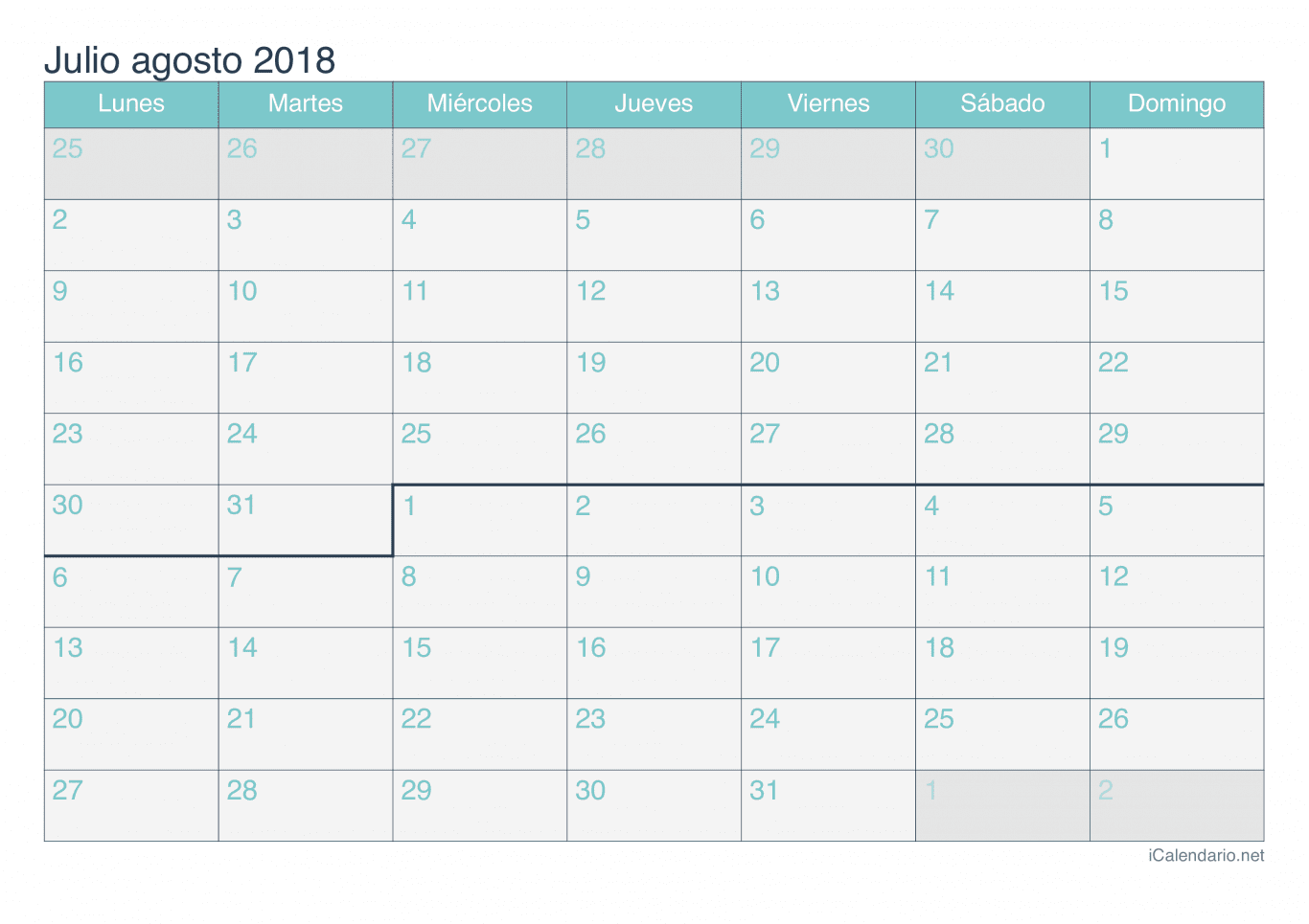 Calendario de julio agosto 2018 - Turquesa