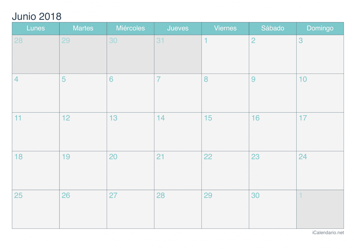 Calendario de junio 2018 - Turquesa