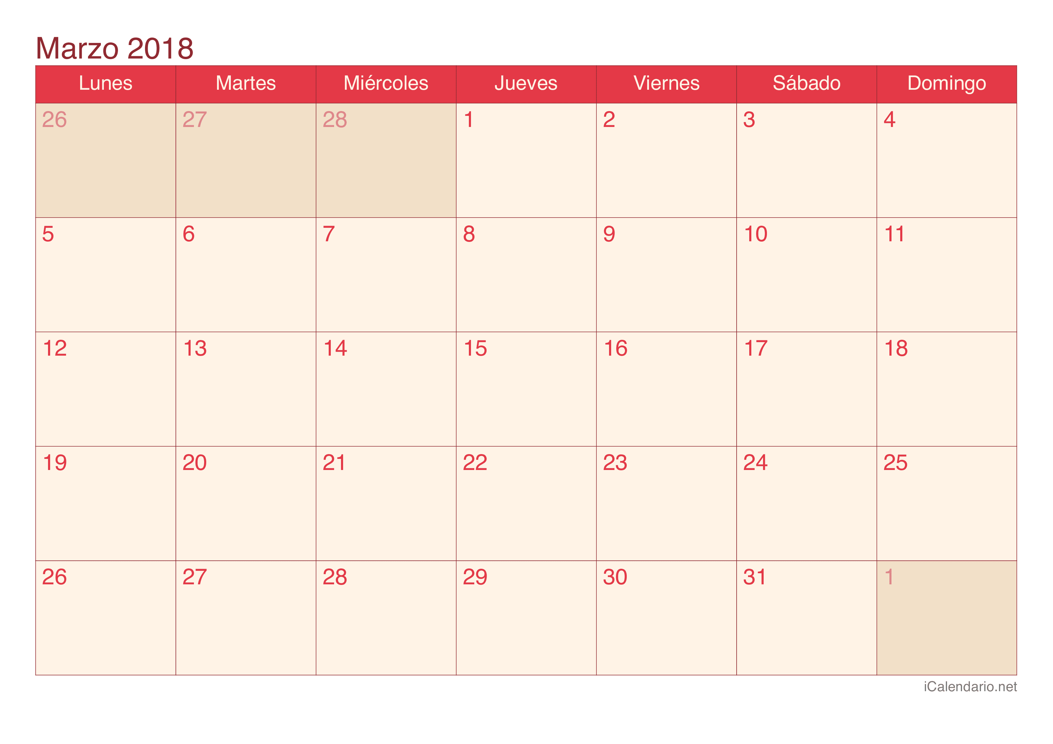 Calendario de marzo 2018 - Cherry