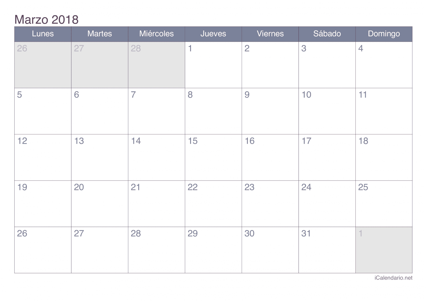 Calendario de marzo 2018 - Office