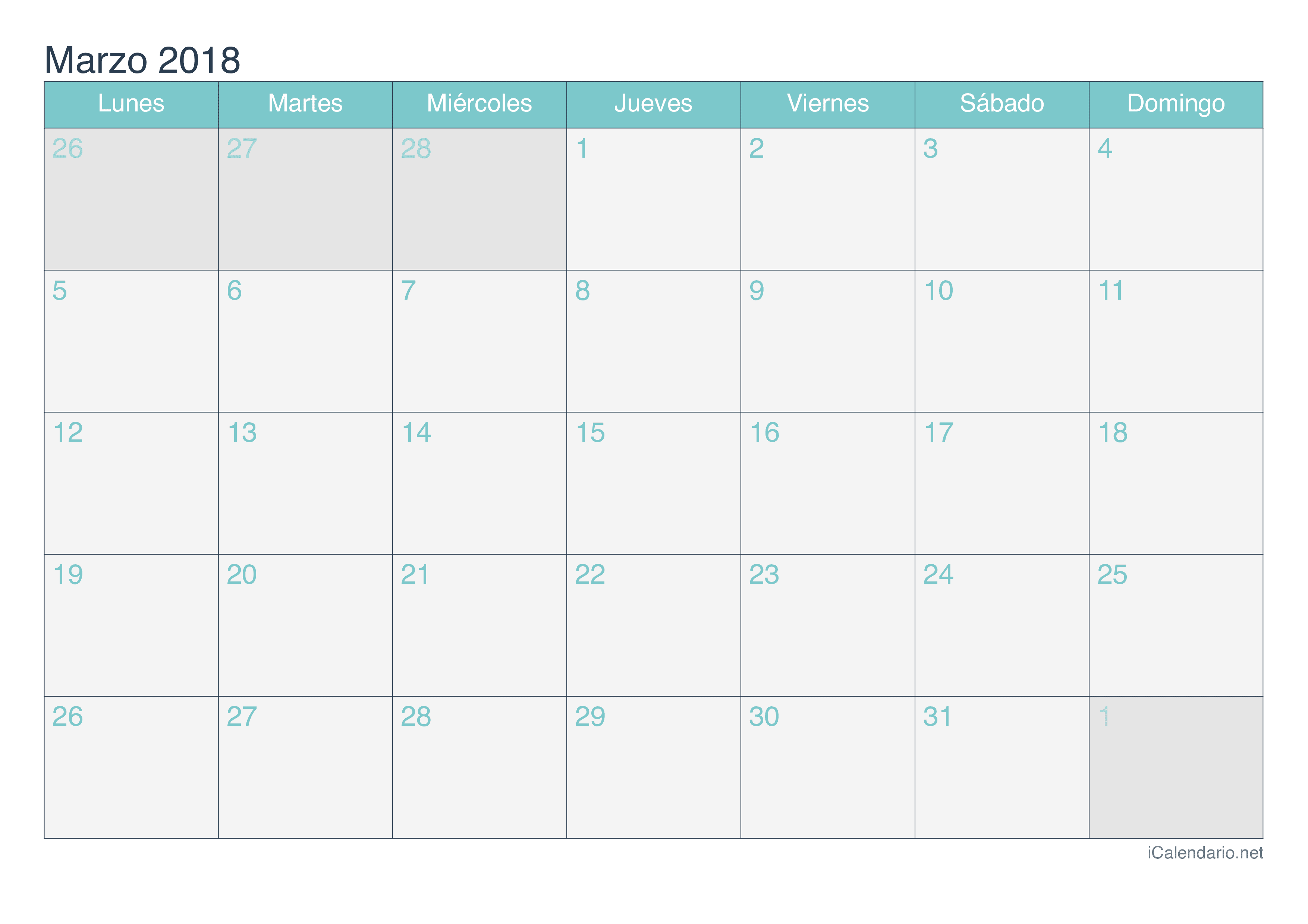 Calendario de marzo 2018 - Turquesa