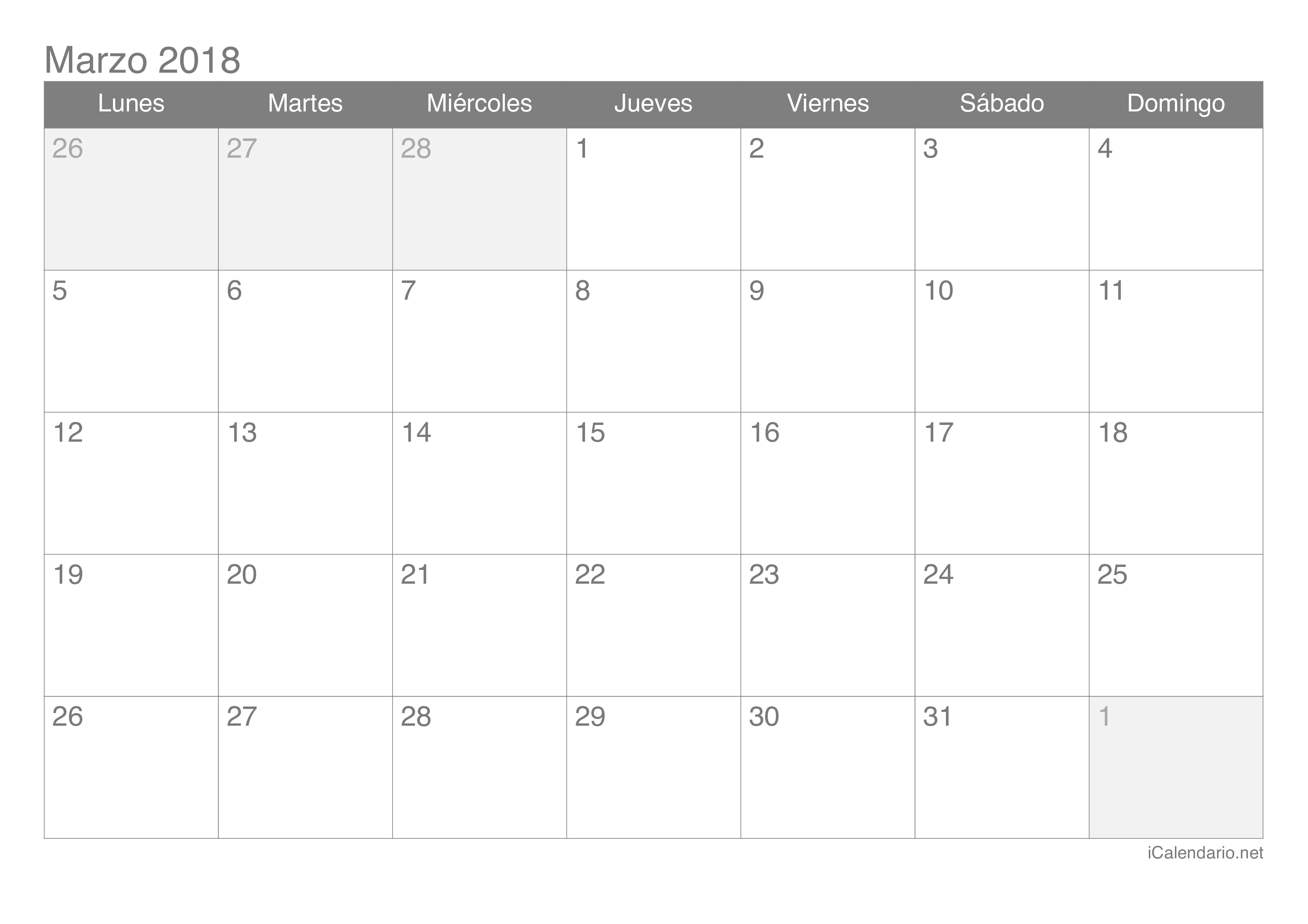 Calendario de marzo 2018