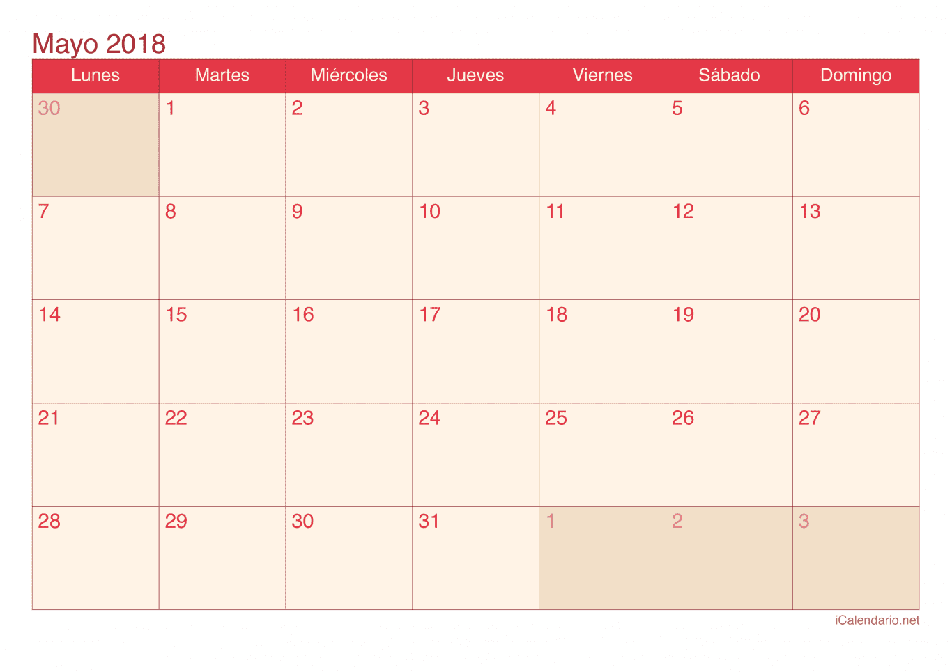 Calendario de mayo 2018 - Cherry