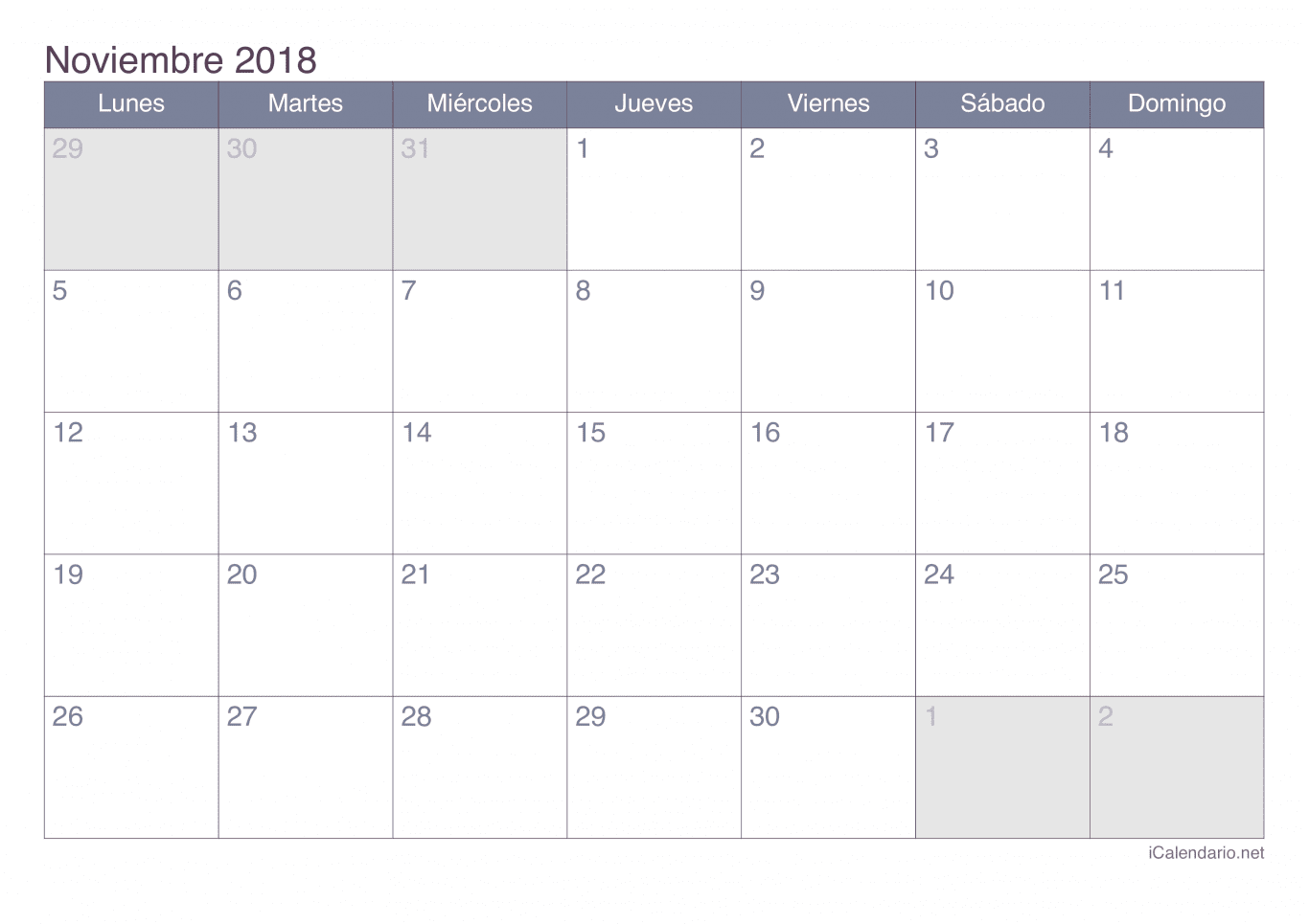 Calendario de noviembre 2018 - Office