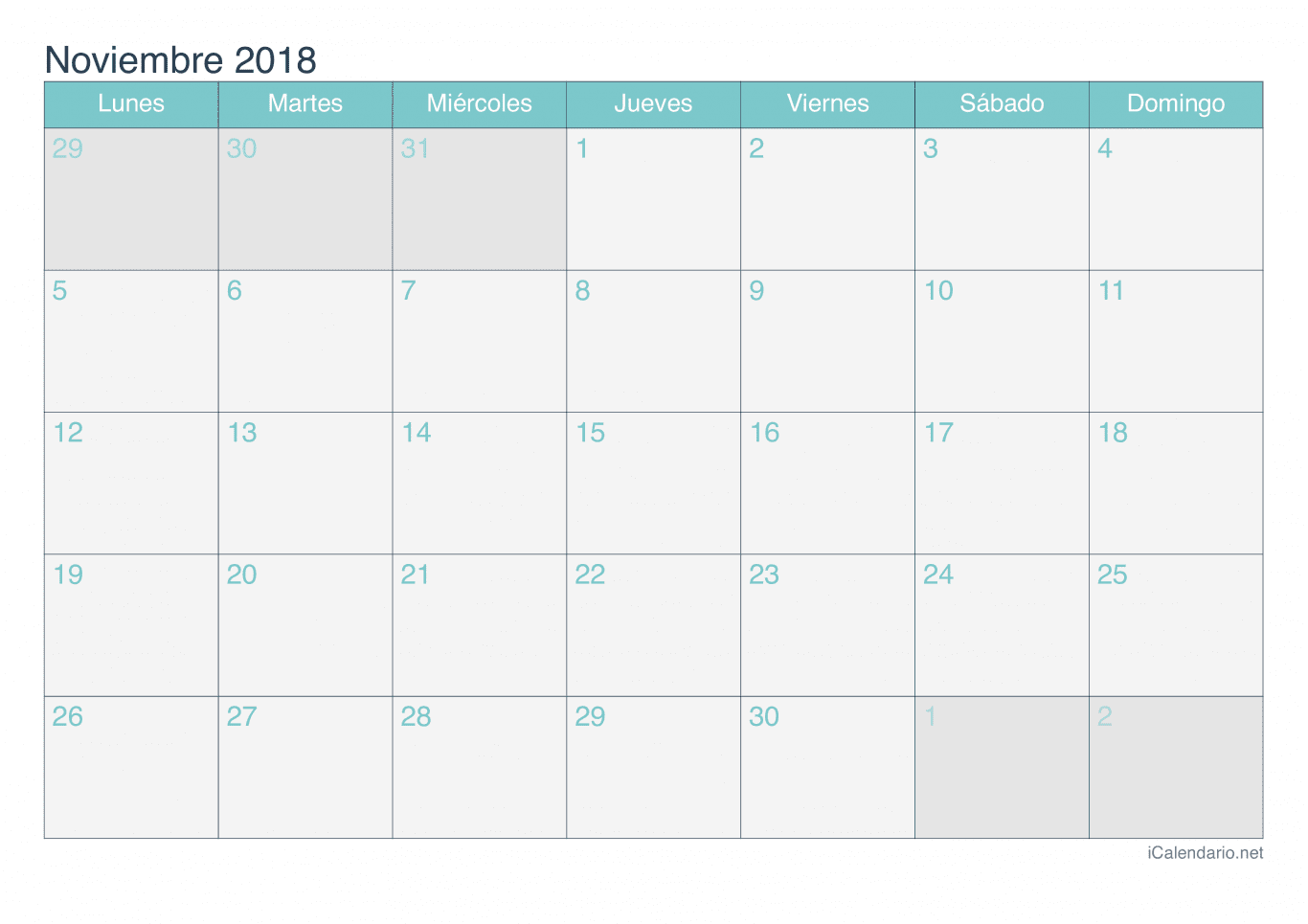 Calendario de noviembre 2018 - Turquesa
