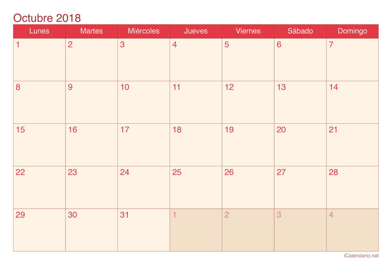 Calendario de octubre 2018 - Cherry