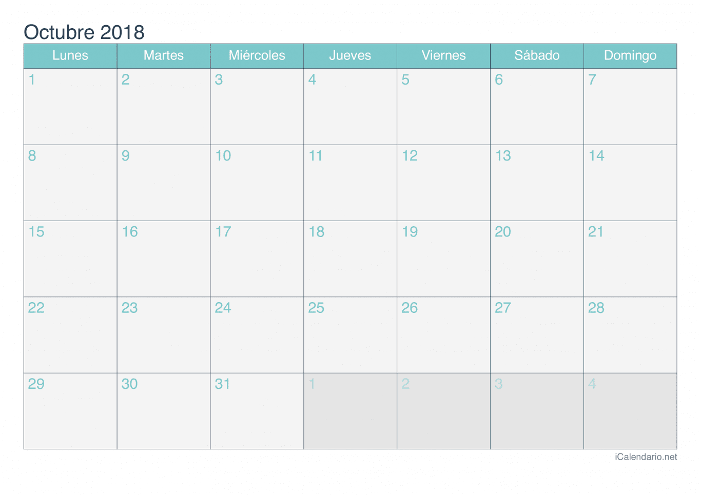 Calendario de octubre 2018 - Turquesa