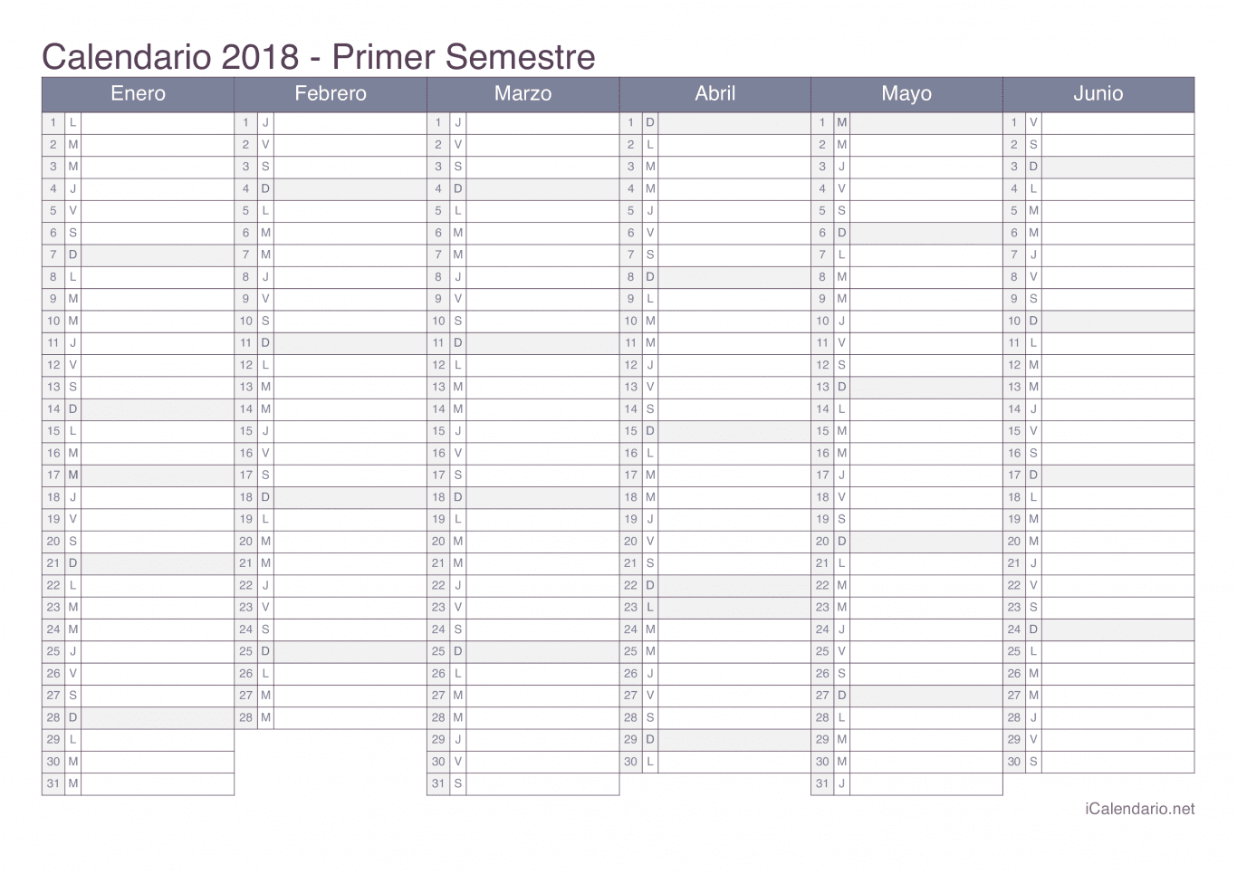 Calendario por semestre 2018 - Office
