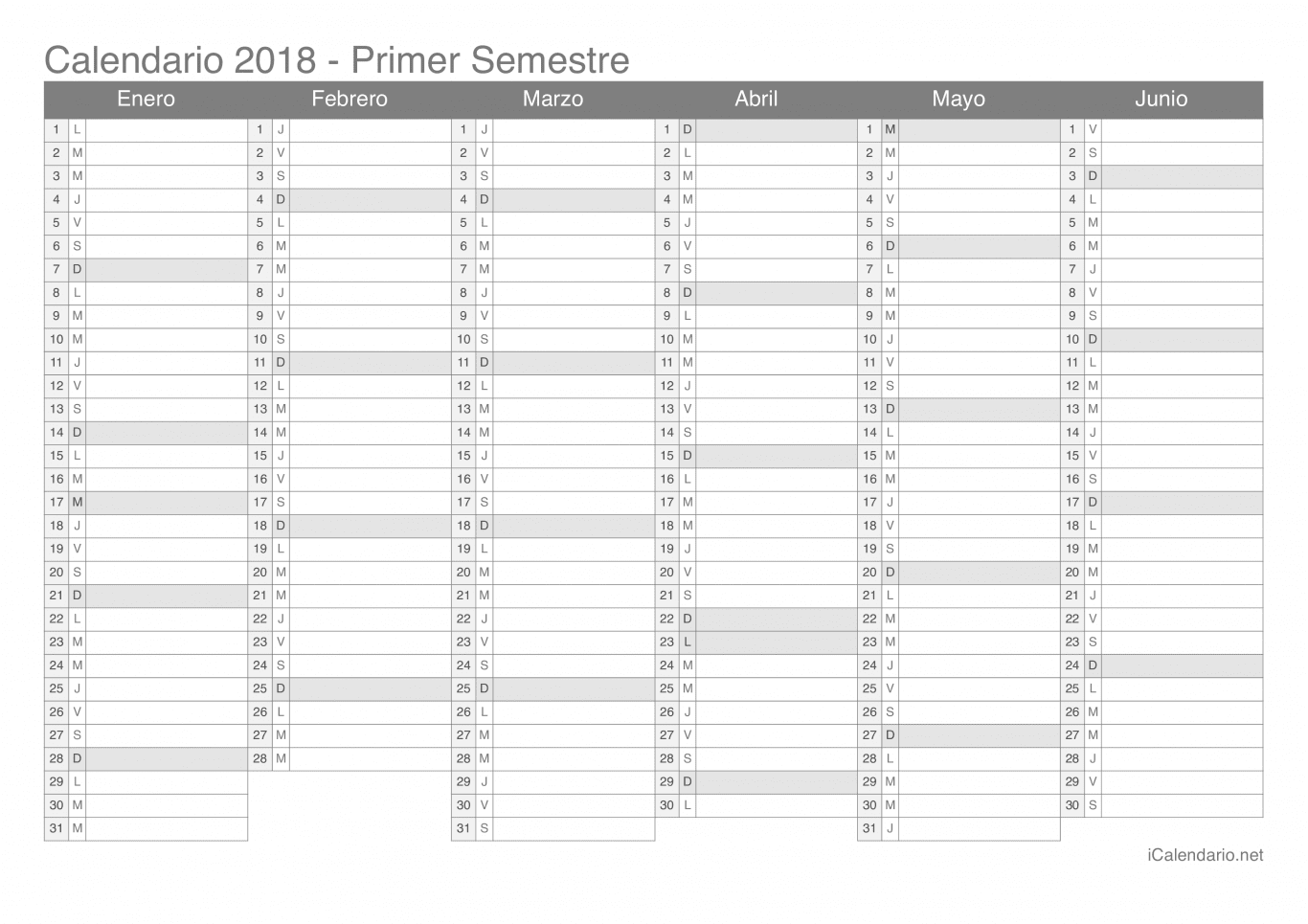 Calendario por semestre 2018