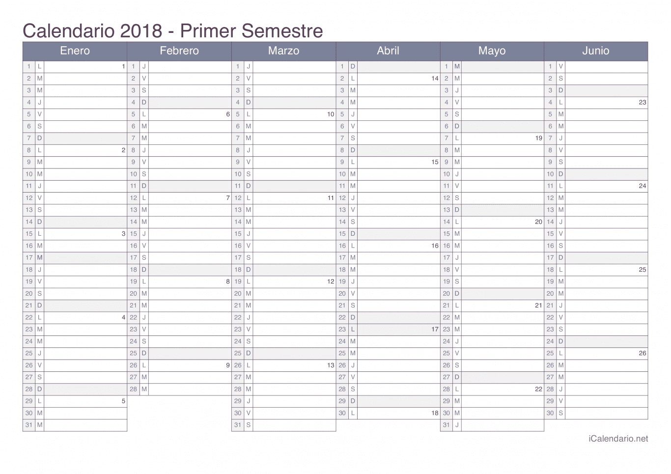 Calendario por semestre com números da semana 2018 - Office