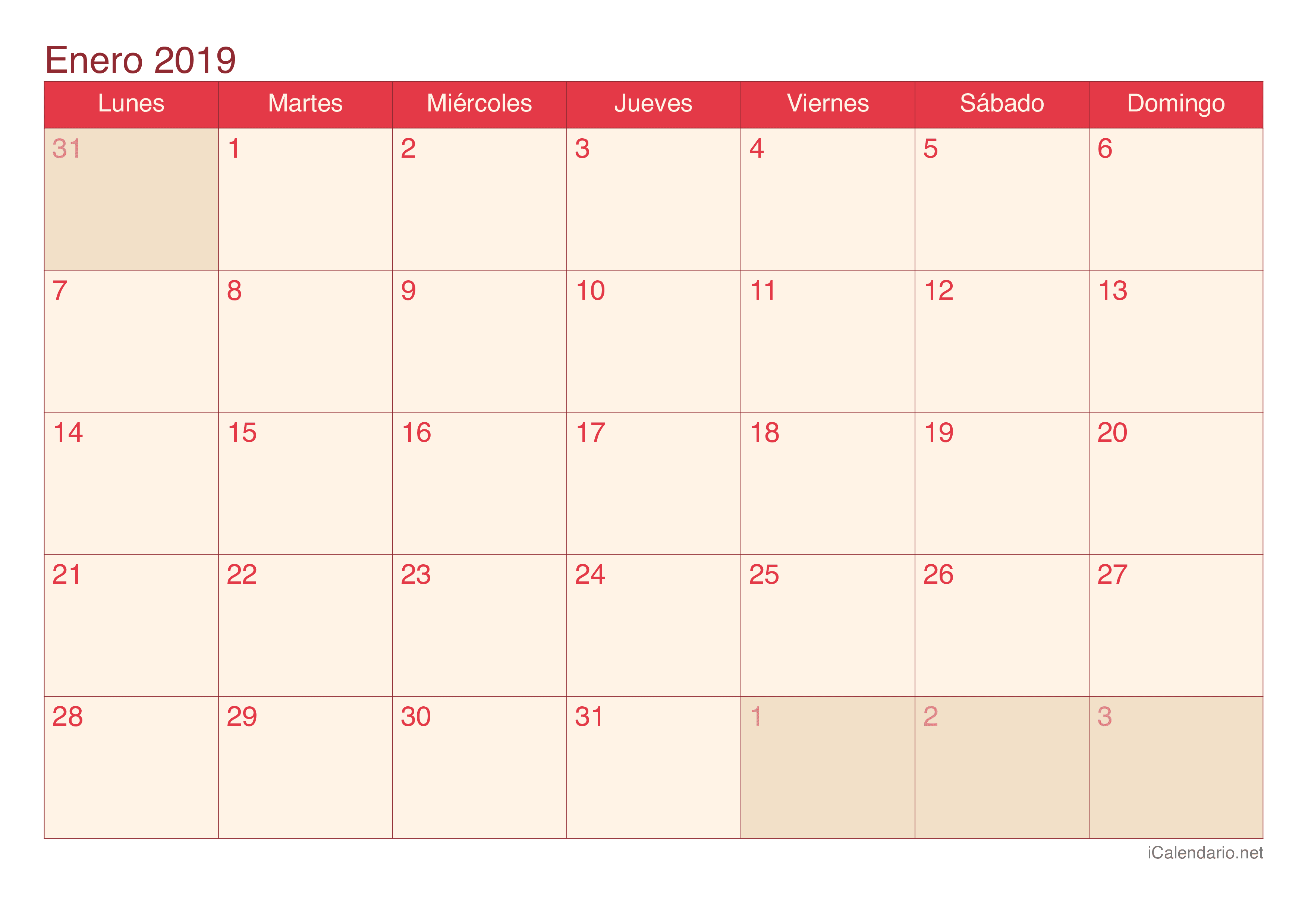 Calendario por mes 2019 - Cherry