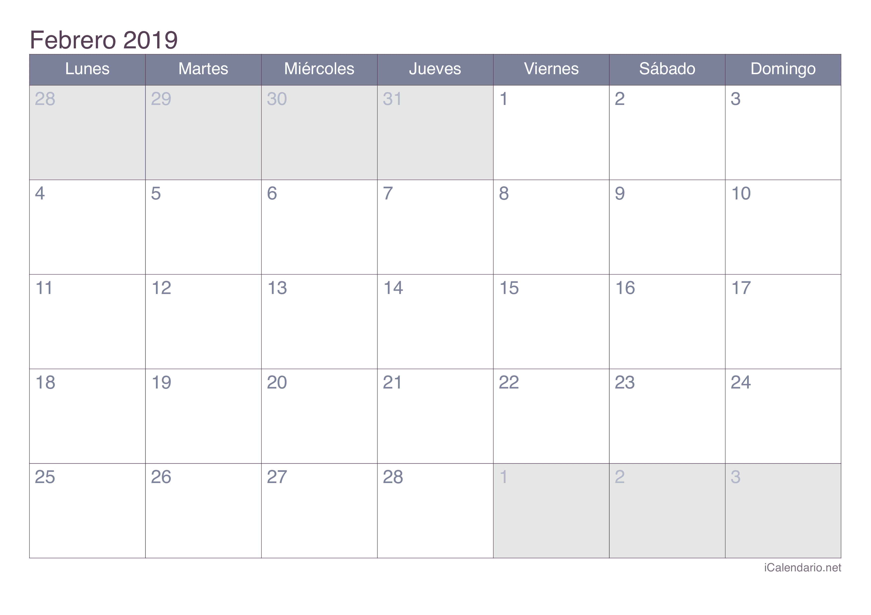 Calendario de febrero 2019 - Office