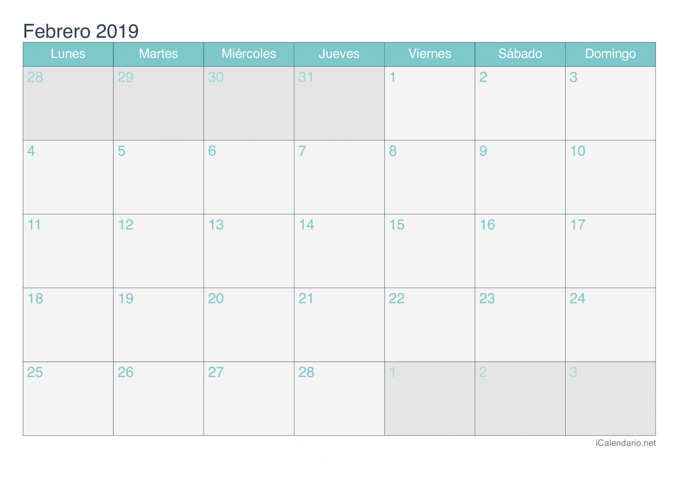 Calendario de febrero 2019 - Turquesa