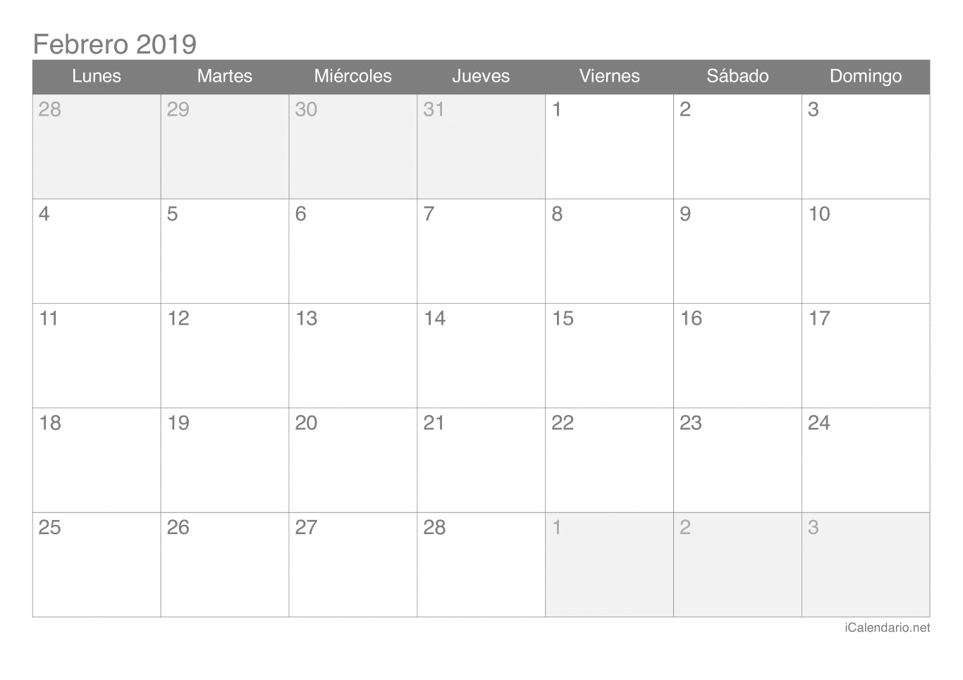 Calendario de febrero 2019