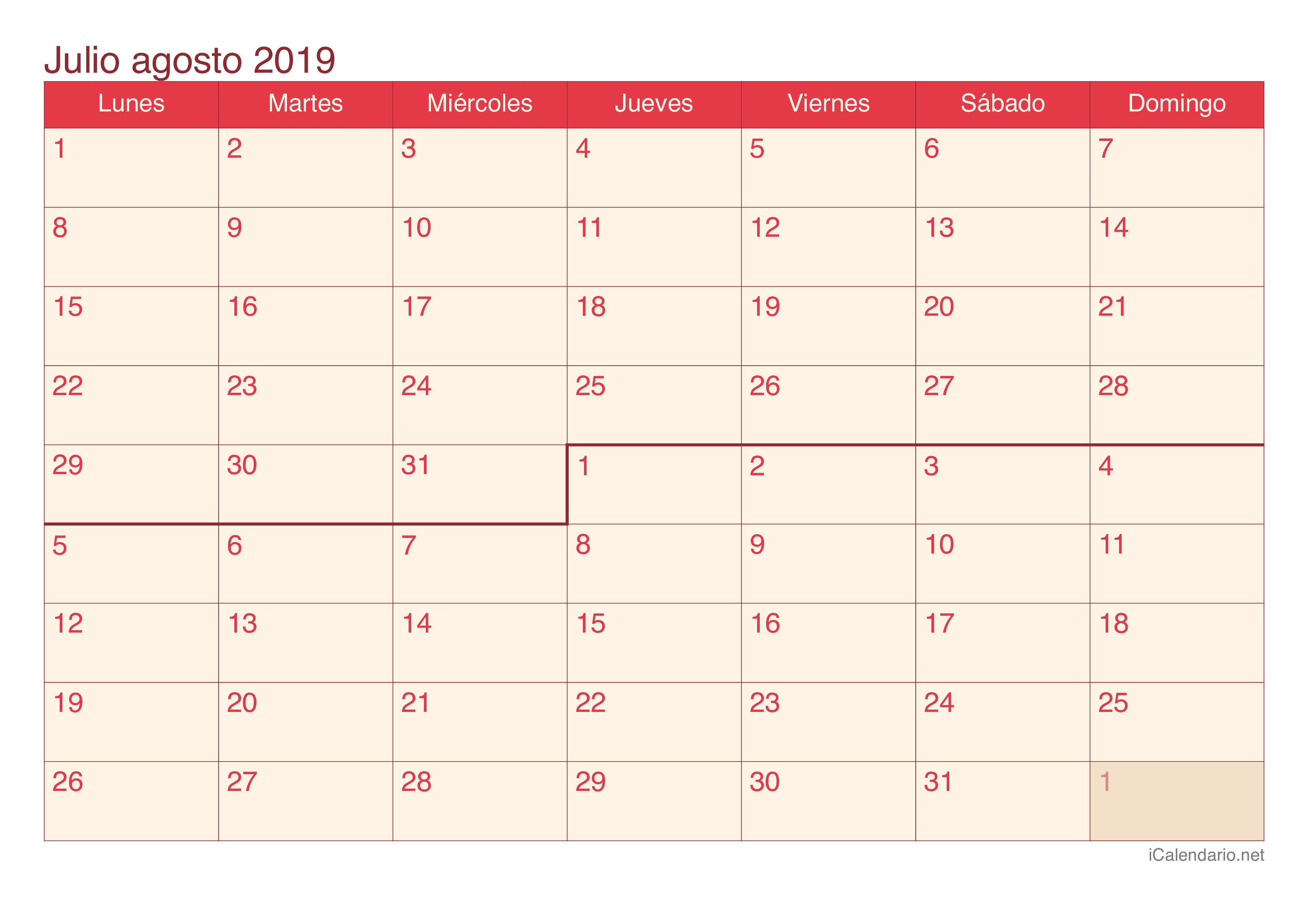 Calendario de julio agosto 2019 - Cherry