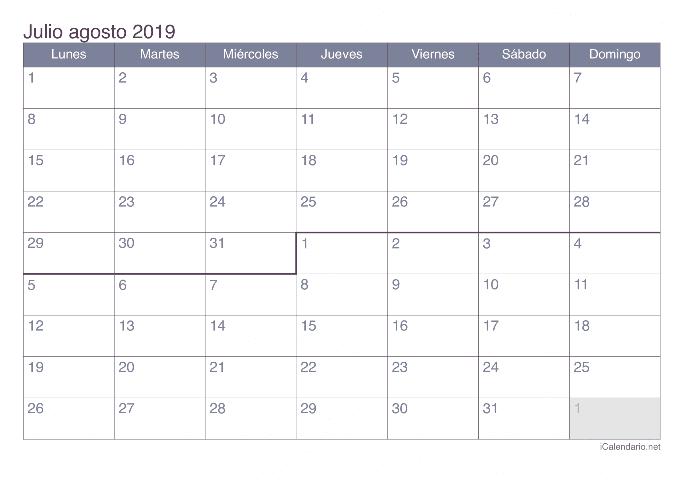 Calendario de julio agosto 2019 - Office