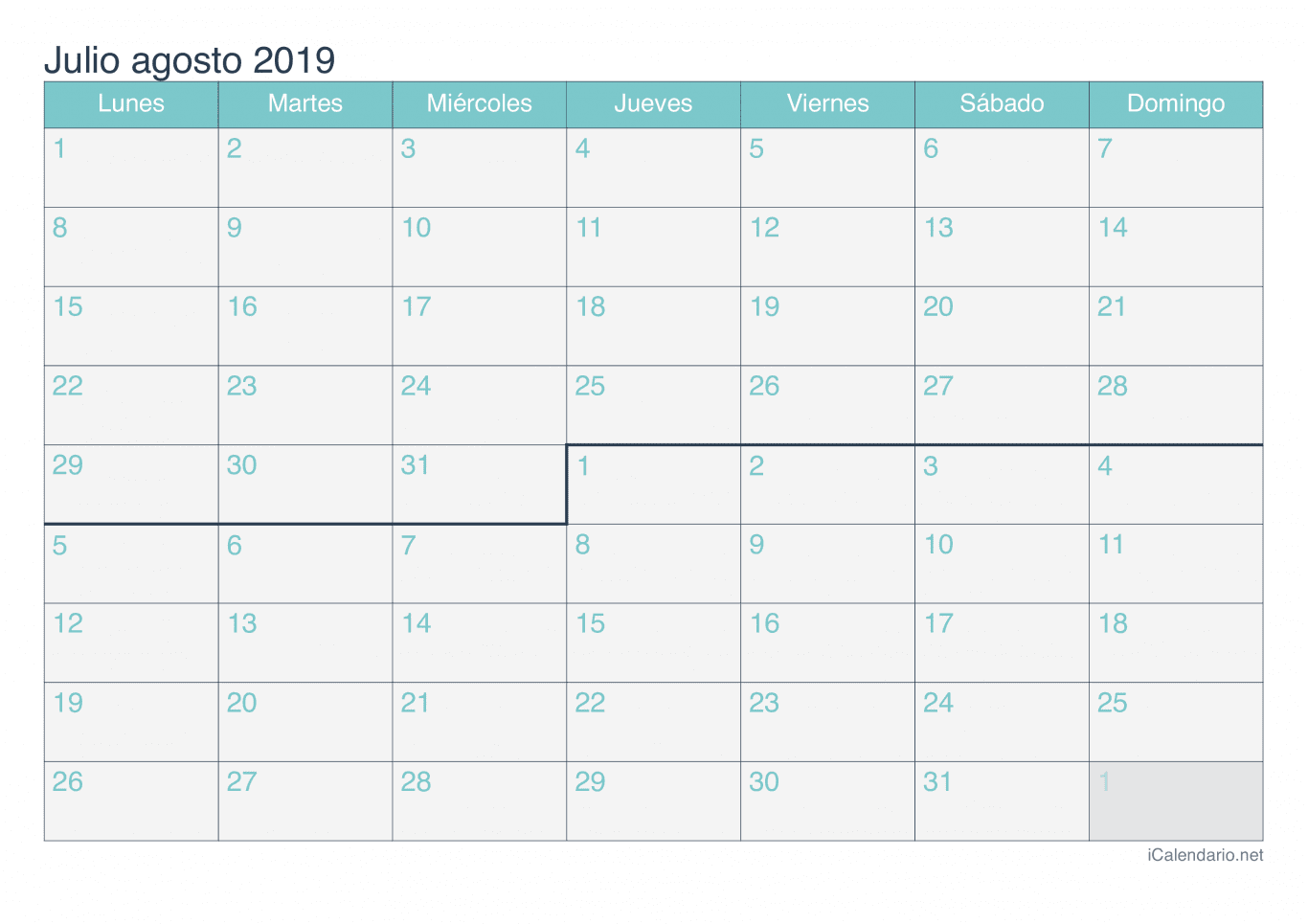 Calendario de julio agosto 2019 - Turquesa