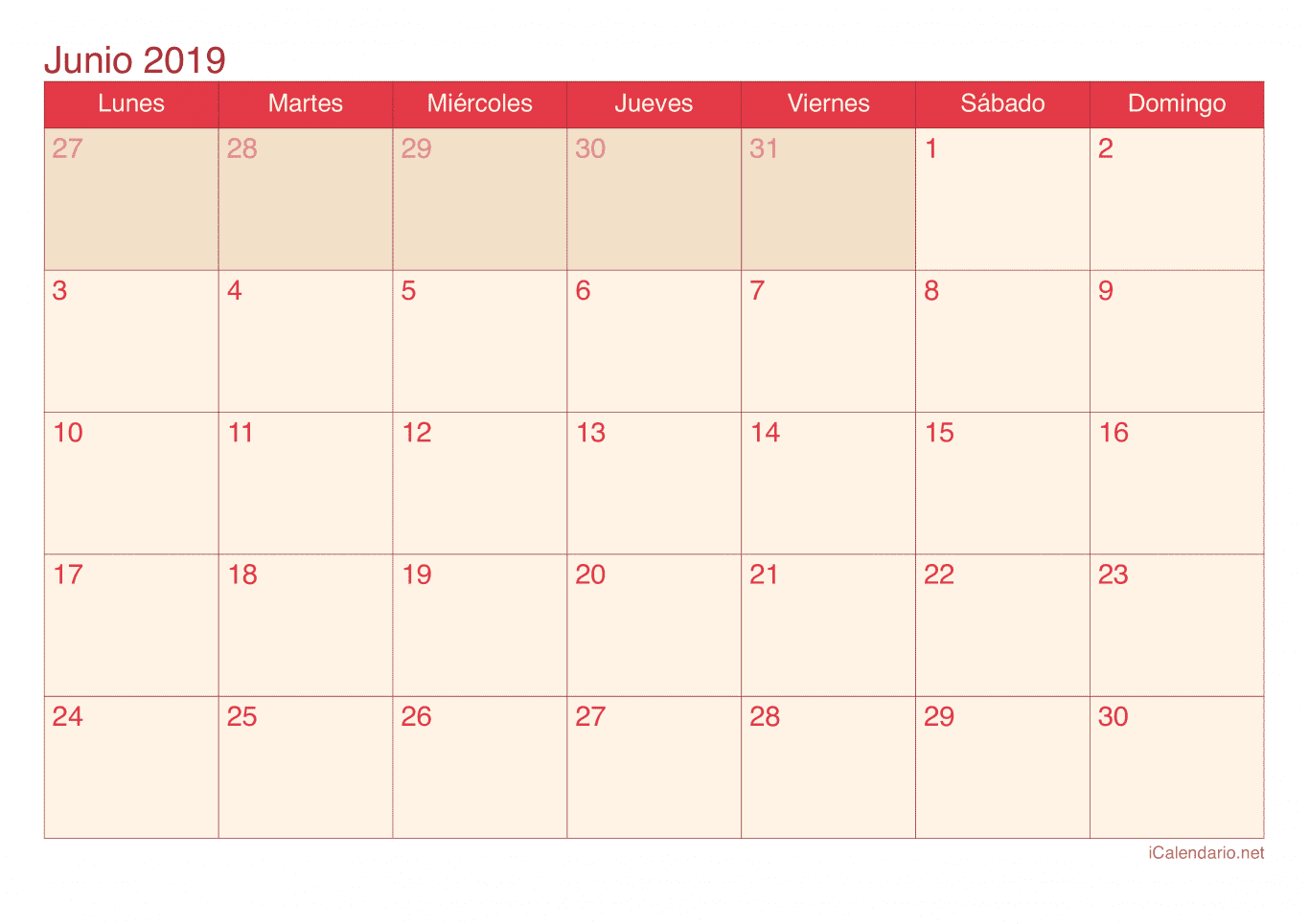 Calendario de junio 2019 - Cherry