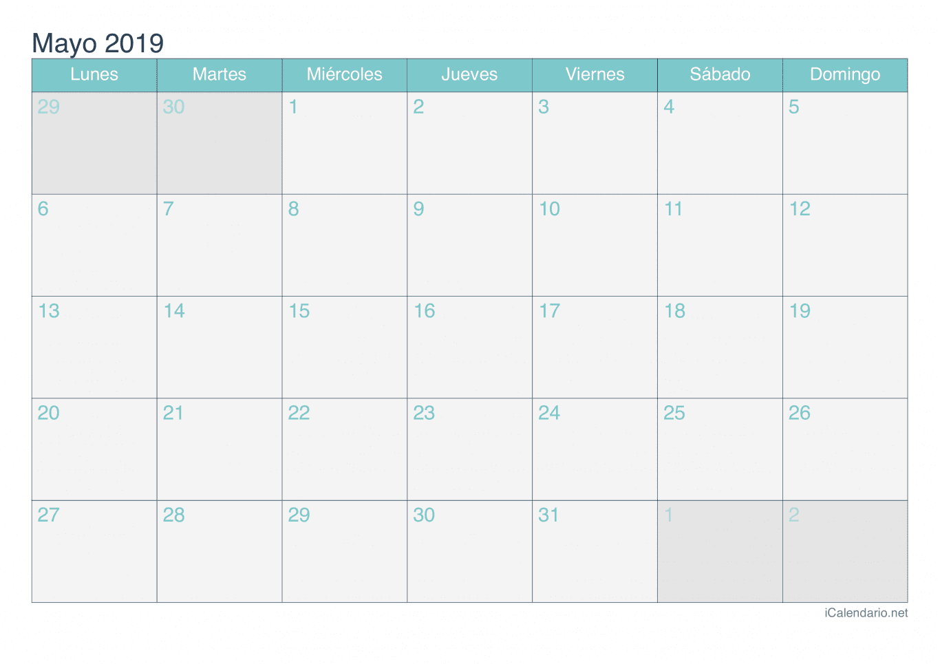 Calendario de mayo 2019 - Turquesa